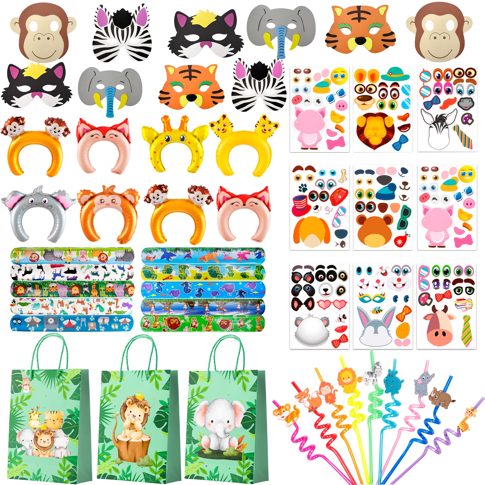 Regali di Animali della Giungla, 60 Pcs Set Bomboniere Safari - Sacchetti Animali Slap Bracelets Maschere Fasce per Capelli Gonfiabili Cannucce a Spirale Giungla Party Regalo per Bambino