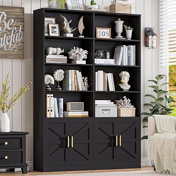 Standifurno Black Bookshelves and Bookcases with 4 Doors, 6 Tier Double Book Shelf with Storage Cabinets, Gold Handle, Standing Display Open Display Shelves, 71" Tall Book Case for Living Room Library