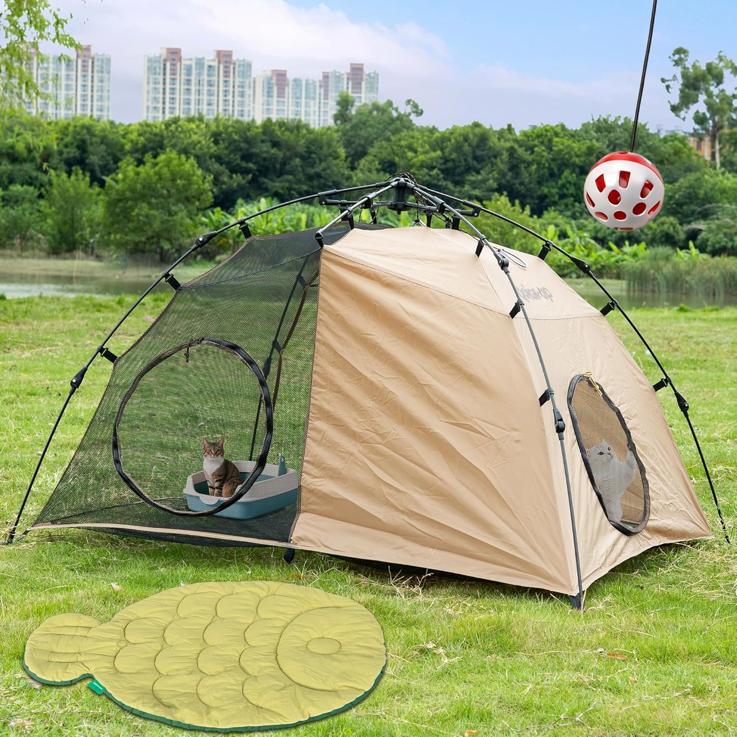 Portable Outdoor Cat Tent with Cozy Fish Mat, 2-Door Mesh Playpen, 2 Separate Spaces, Waterproof Scratch-Resistant Indoor Outdoor Enclosure, 3 Second Instant Setup catio for Camping Travel Patio