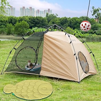 Quickup Pop Up Cat Tent for Outside, X-Large Catio & Cat Enclosure with Fish-Shaped Cat Mat, Portable Outdoor Cat Playpen for Multiple Cats, UV-Protected Cat House for Backyard Balcony Camping