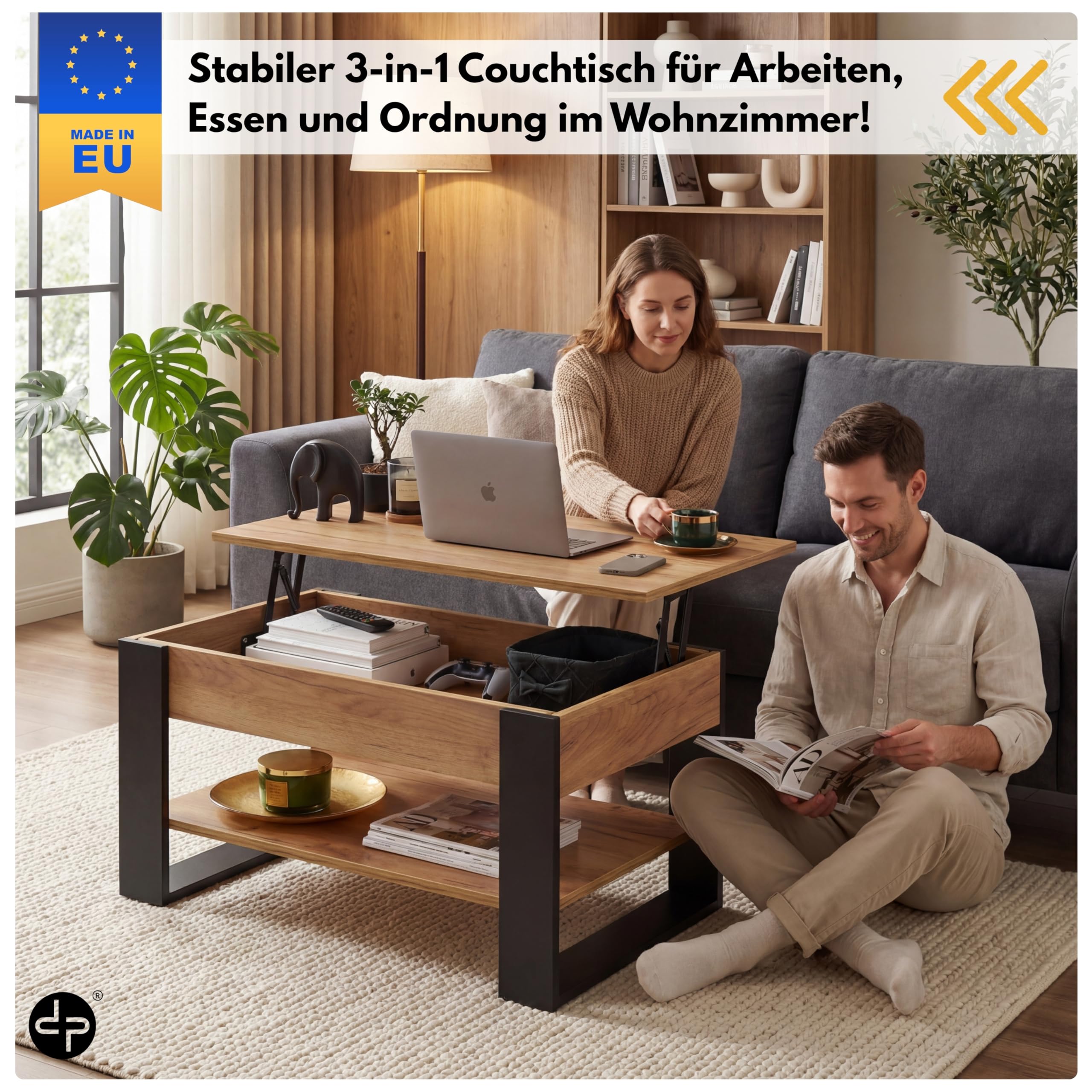 defiPad Couchtisch Höhenverstellbar mit Stauraum, Wohnzimmertisch Eiche-Schwarz mit hochziehbarer Tischplatte, verstecktem Fach und Ablage, 92 x 51 cm