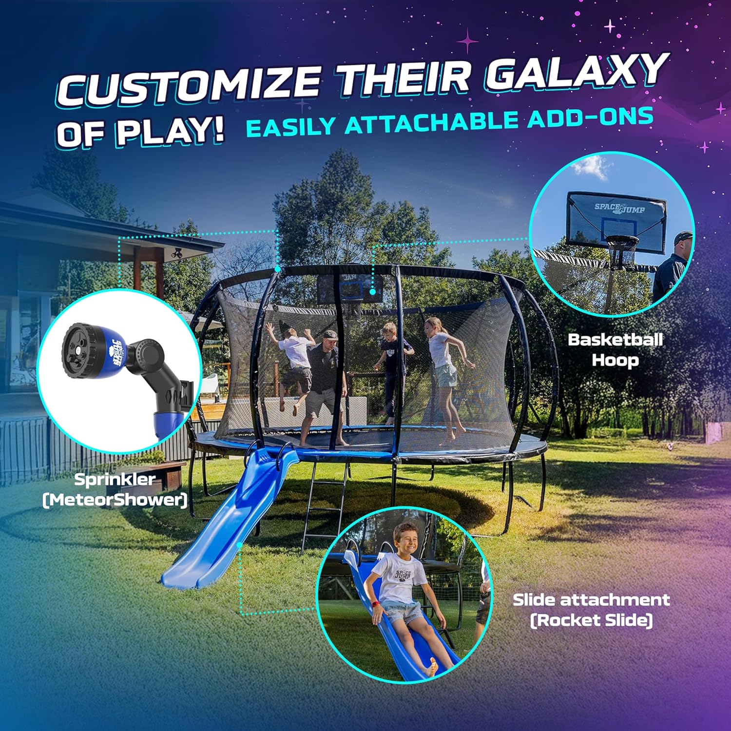 SpaceJump AstroJam Trampoline Basketball Hoop and Net Set Attachment, Outdoor Accessory for Active Backyard Play, Black/Blue