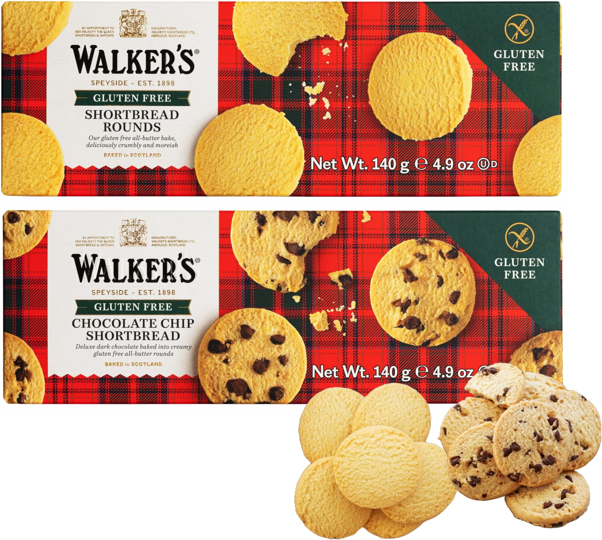 Walkers Gluten Free All Butter Shortbread Rounds and Chocolate Chip Shortbread Rounds (2 x 140g) Suitable for Vegetarians, Coeliacs and Kosher