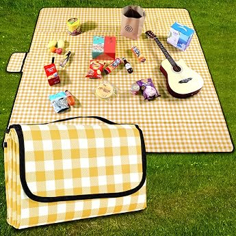 Picnic Blanket 200cm x 200cm Waterproof Beach Blanket Picnic Mat Washable Lightweight with Handle Yellow Check for Hiking Travel Camping Parks