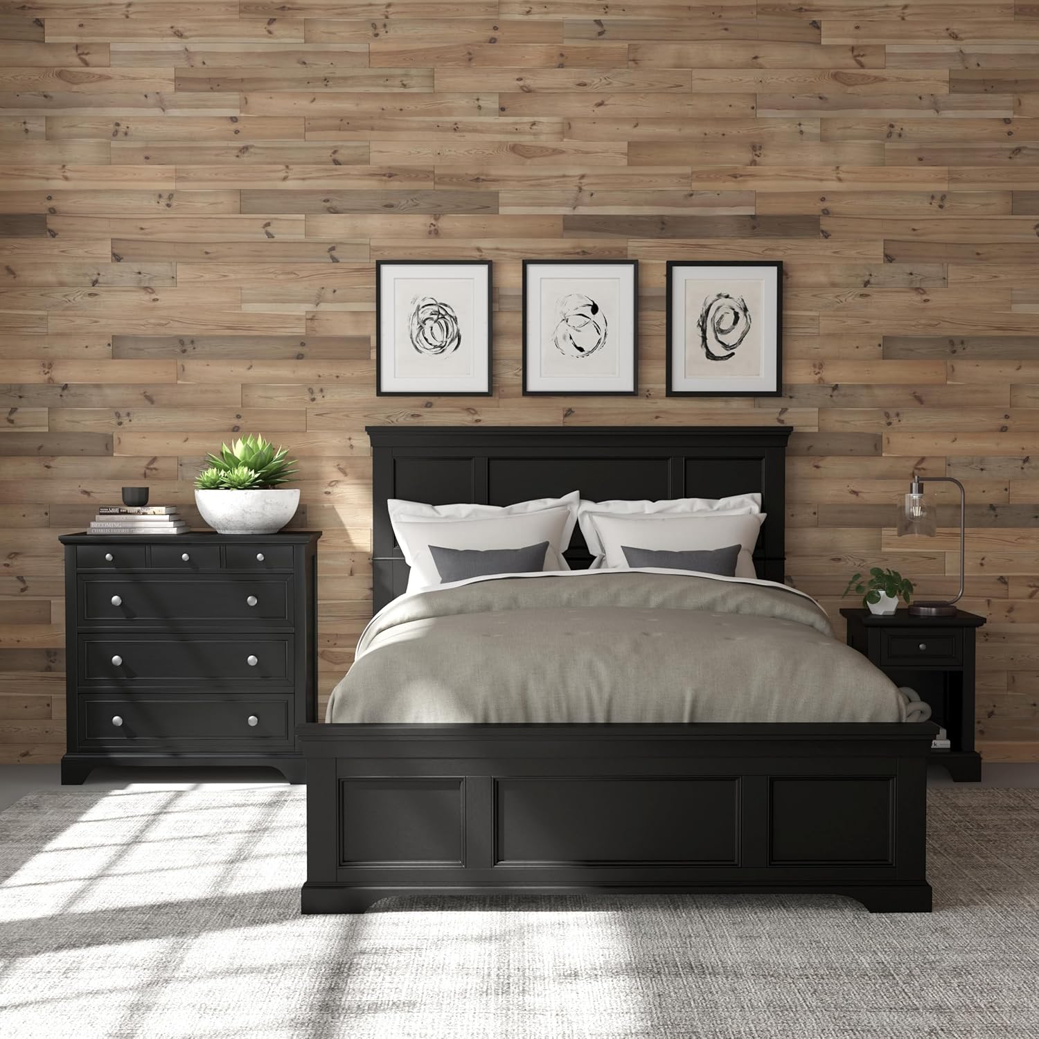 Home Styles Bedford Queen Bed Headboard, Footboard, Rails and Matching Wood Panel Bed Chest and Nightstand Set in Black