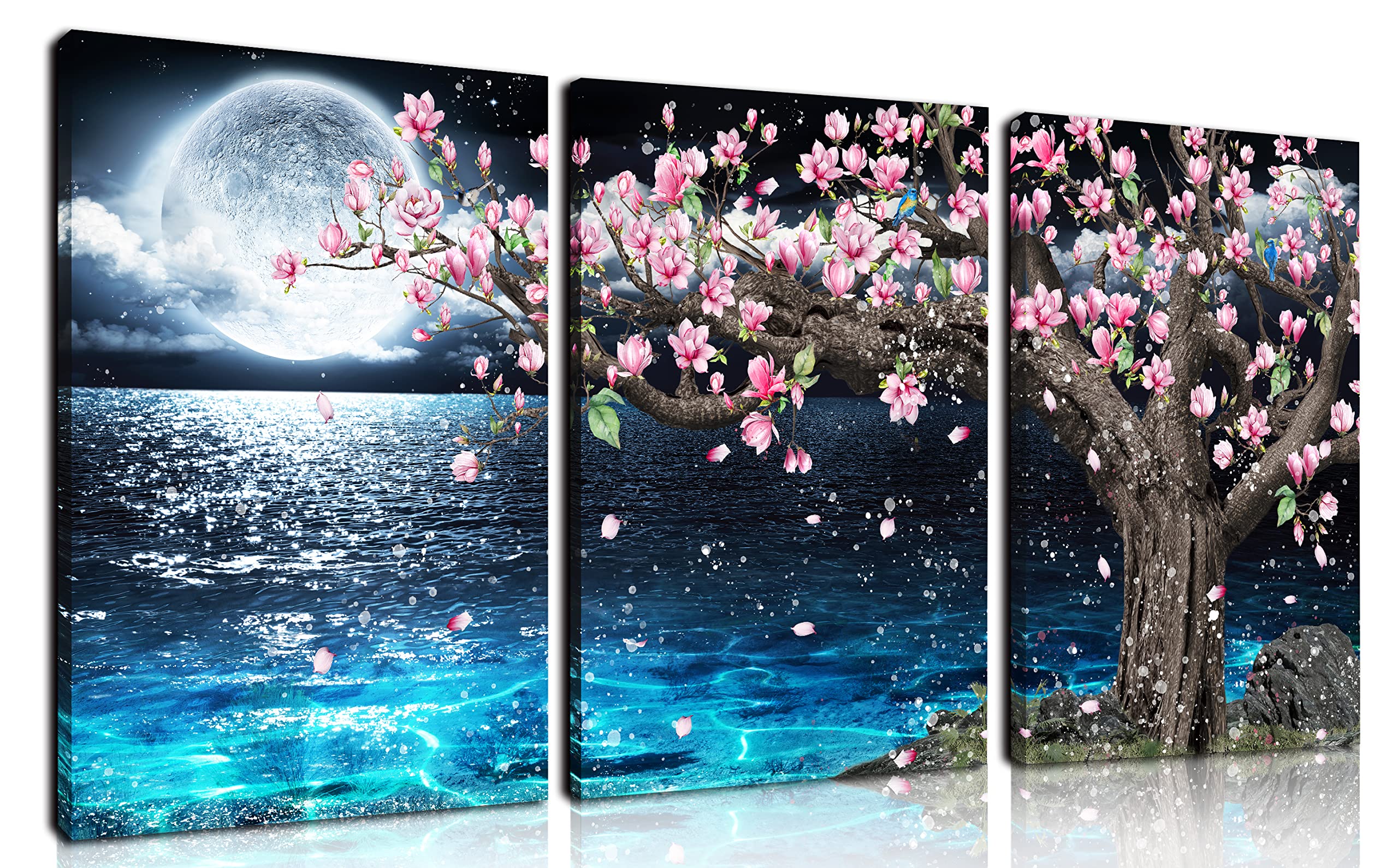 HUBOSKN 3 Piece Wall-Art for Bedroom - Blue Wall Art Living Room - Pink Pictures Wall Decor - Moon Ocean Large Poster Ready to Hang Size 16" x 24"