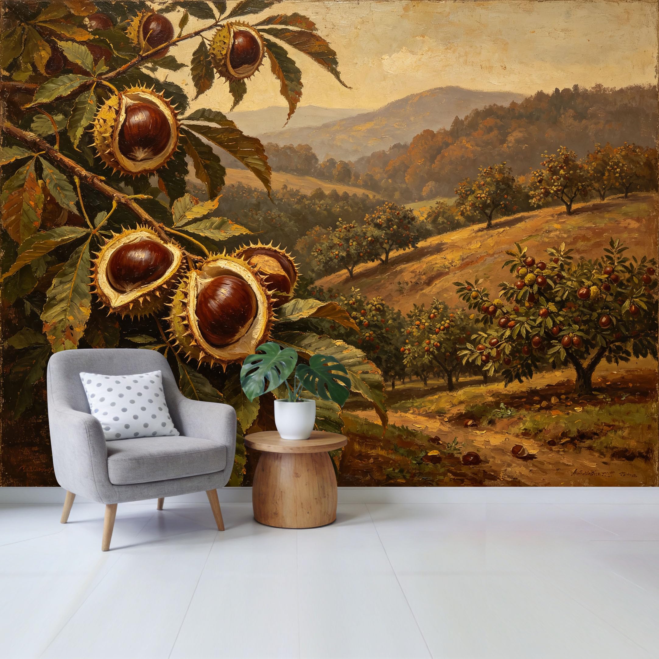 Qzlithotic Yq2605251094 Custom Size Wall Mural Autumn Chestnut Tree Branch Fruit Harvest Landscape Oil Painting Selfadhesive Wall Fabric Removable Wallpaper For Home Office Decor