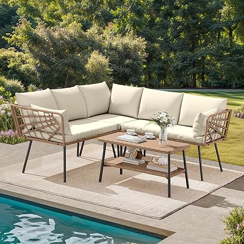 DWVO Outdoor Sectional Sofa Set 4 Piece 5-Seater Rattan Patio Furniture Set with 2-Tier Coffee Table&Cushions L Shape Outdoor Couch Boho Conversation Set for Garden Porch Backyard Relaxation
