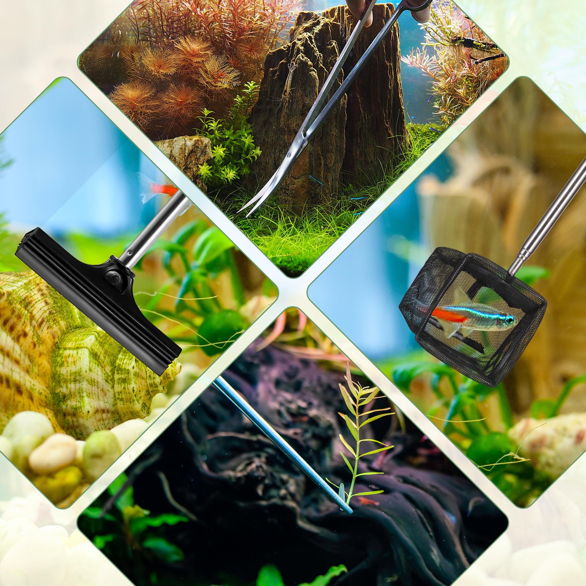 6 en 1 Aquarium Kit Outil, Acier Inoxydable Pince, Ciseau et Épuisette Aquarium, Accessoires Aquariums pour Élagage d'herbe d'eau dans Réservoir Poissons et Plantes d'Aquarium(Argenté)