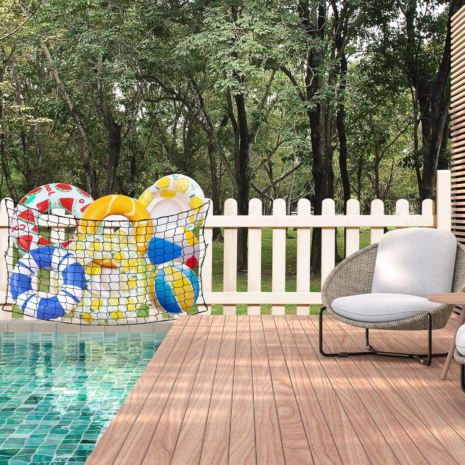 SATINIOR 83 x 60 Inch Pool Float Storage Organizer, Extra Large Hanging Elastic Mesh Fence Net with 20 Hooks & Cable Ties Swim Poolside Toys Holder for Inflatable Balls Noodles Accessories(Black)