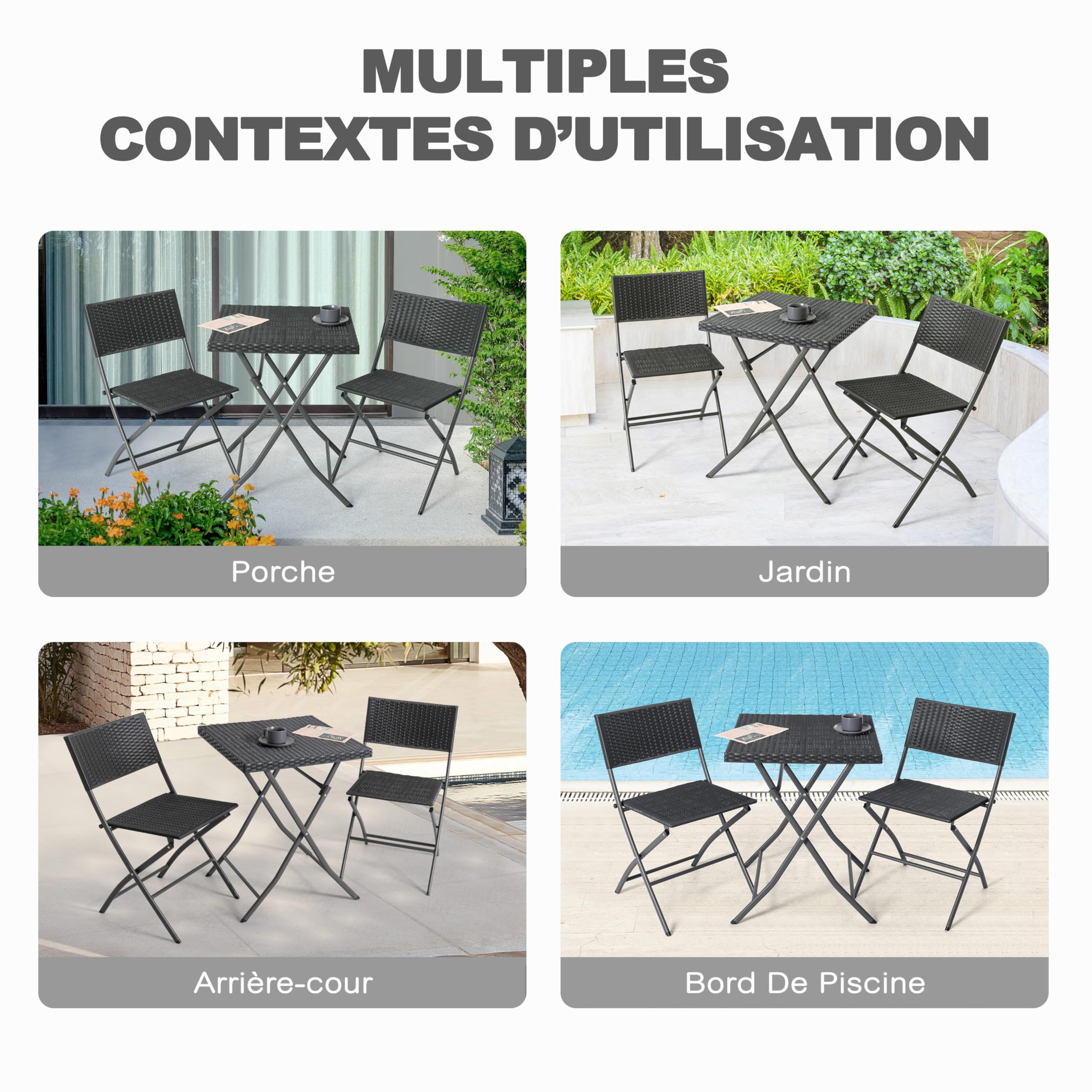 Avestar Ensemble de Bistrot Pliable 3 Pièces Table & 2 Chaises en Rotin PP, Résistant aux Intempéries, Noir