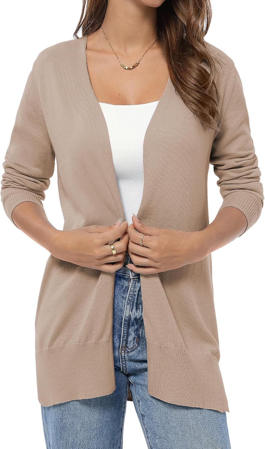 QUALFORT Women's Lightweight Open Front Cardigan Cotton Long Sleeve Casual Loose Fit Knit Cover Up Sweater - Image 2