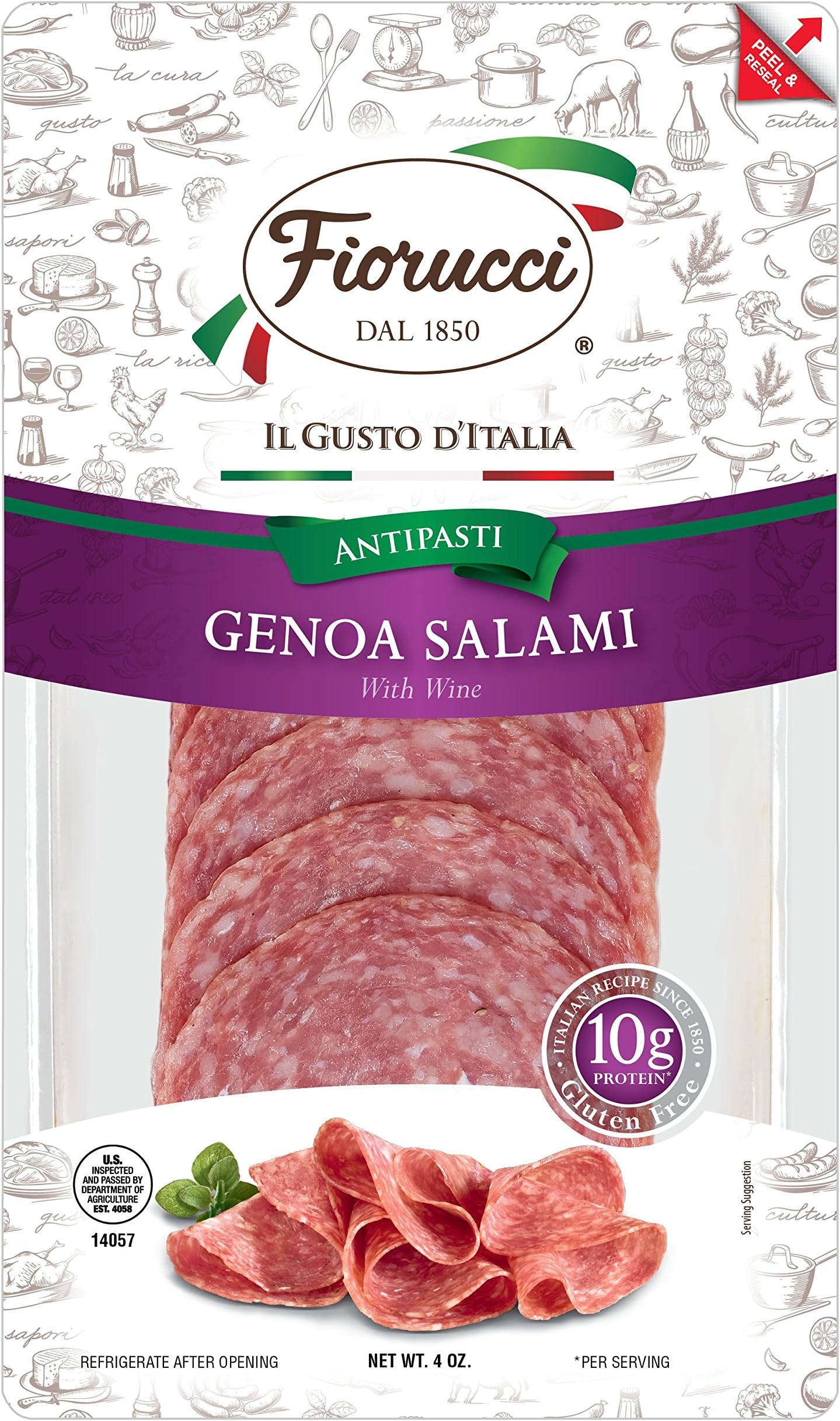 Fiorucci Genoa Suprema, Blended with Mild Spices and Marinated in Red Wine, Gluten Free, 9g of Protein, 4 Oz (Pack of 18)