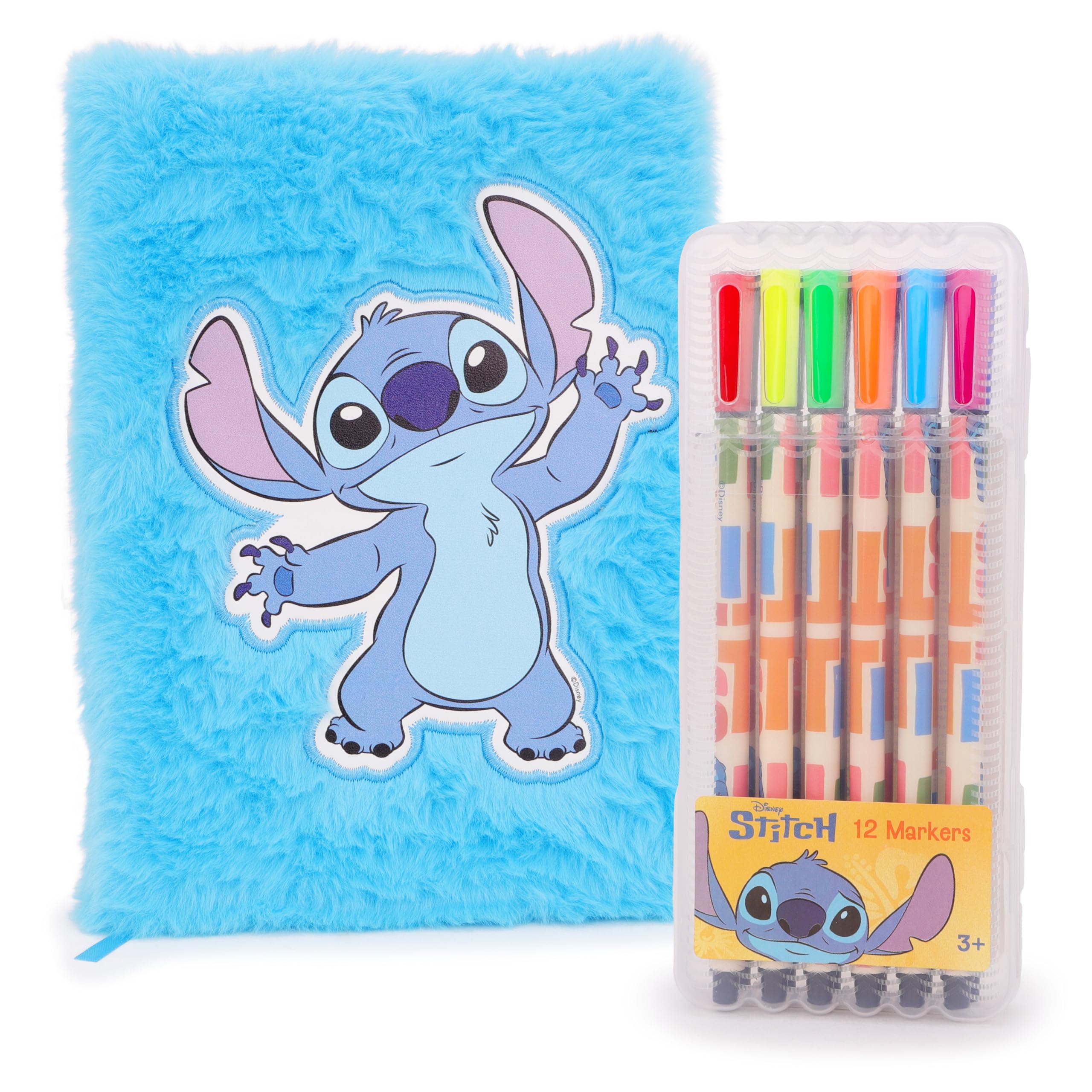 Toyland® Stitch A5 Plush Notebook With 12 Coloured Markers - Soft Fluffy Creative Journal for Kids With 80 Pages - Cute Stationery Set for Drawing, Colouring, School Notes & Diary Entries