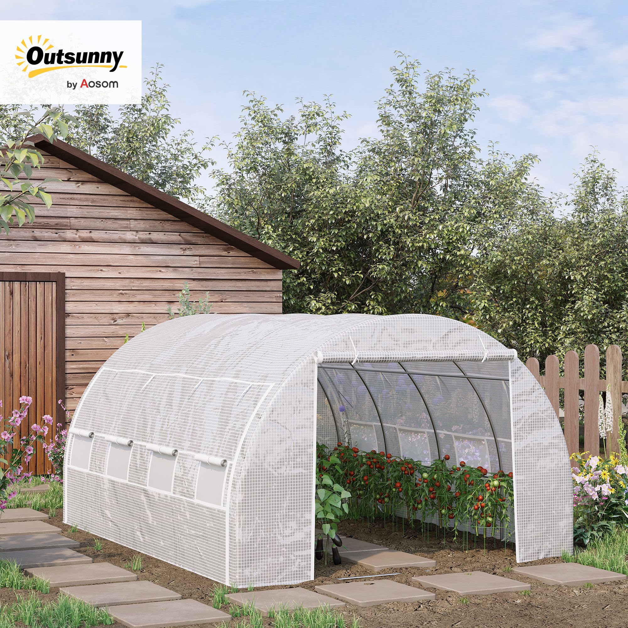 Outsunny Serre de Jardin 12 m² dim. 4L x 3l x 2H m avec Porte + parois latérales zippées enroulables, 8 fenêtres, Acier PE Haute densité 140 g/m² Anti-UV Blanc