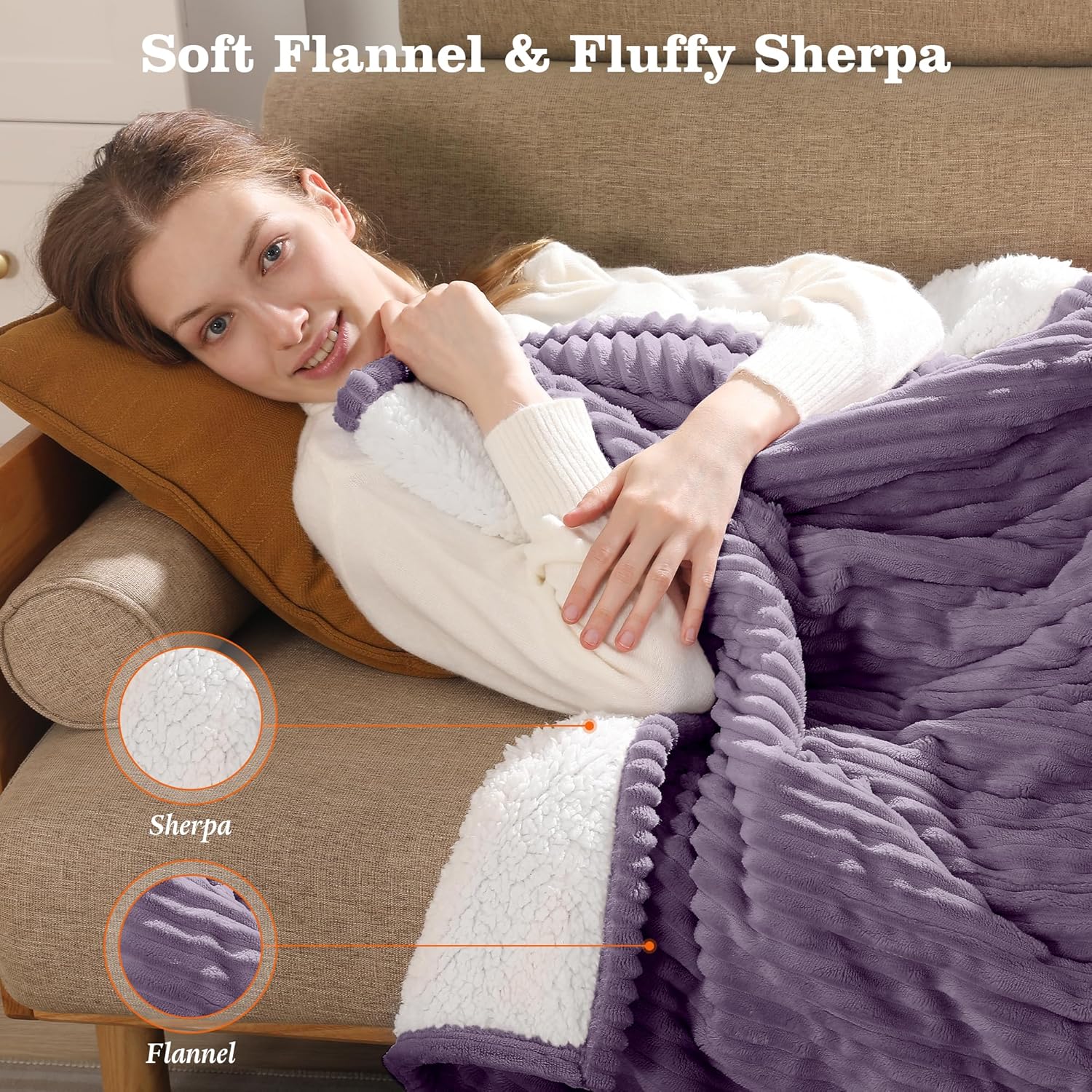 Heated Blanket Electric Throw 50"x60" Heating Blanket 450gsm Ribbed Flannel Sherpa Ultra-soft with 5 Heating Levels and 4 Hour Auto Off, ETL & FCC Certified Electric Blanket, Great Winter Gift, Purple - Image 3