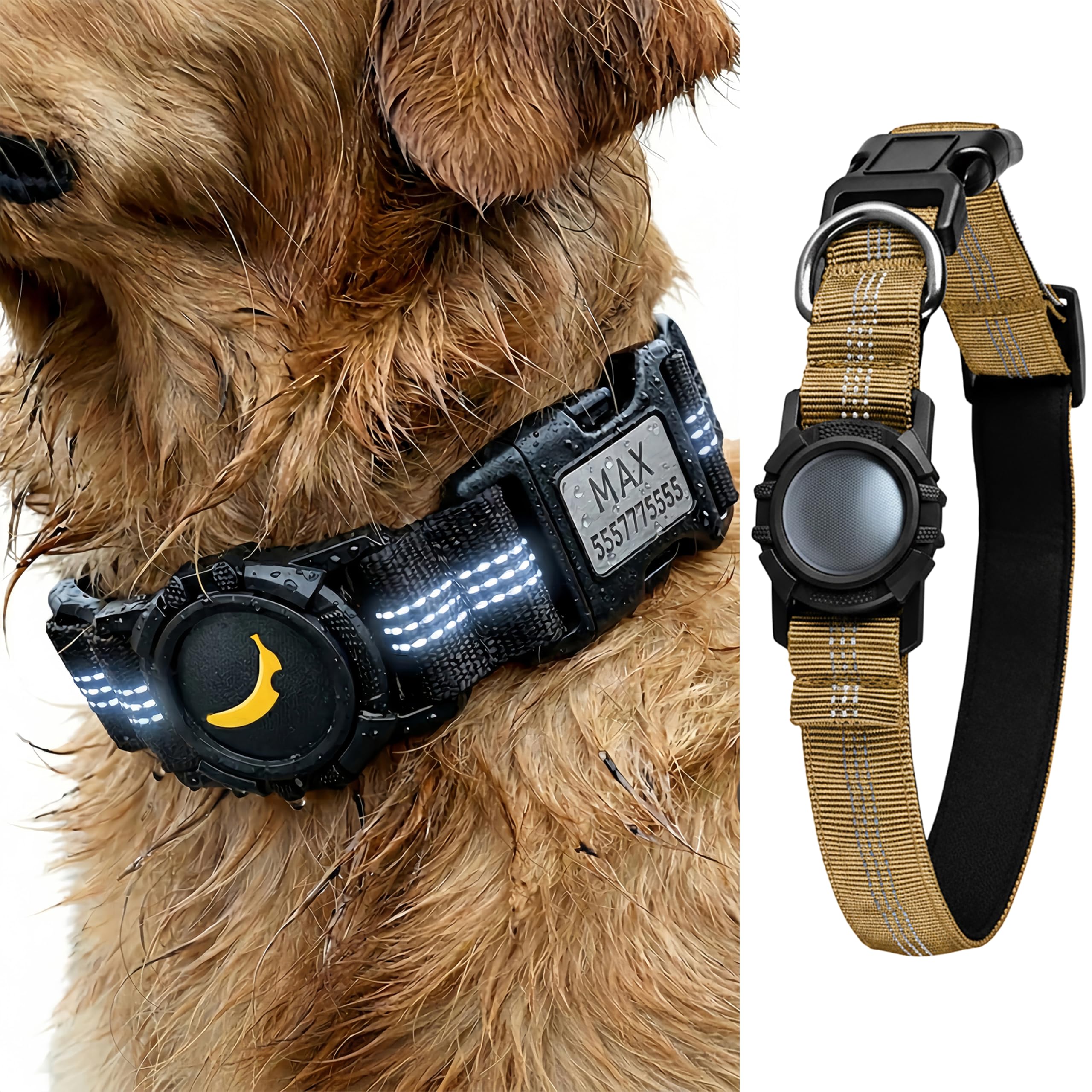 CEMULA Personalised AirTag Dog Collar, Waterproof Holder, Engraved Stainless Steel ID Buckle, 360° Reflective Heavy-Duty Nylon Collar (AirTag Not Included) (Desert Tan, XS (11–13"))