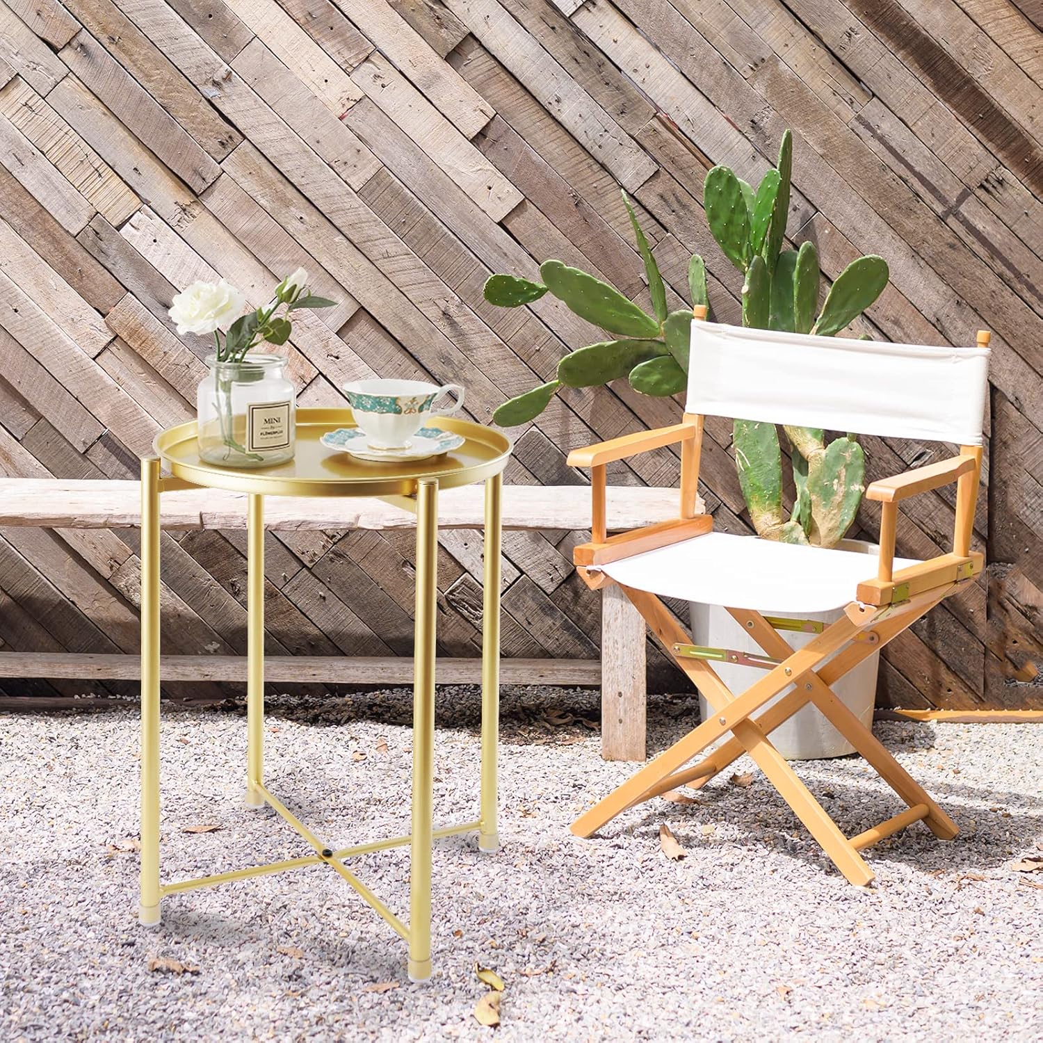 YSSOA Round End Table, Small Side Table Metal, Removable Tray on-top, Side Tables Bedroom Living Room Patio, Anti-Rust and Waterproof, 16 x 16 x 20.5 inch, Gold