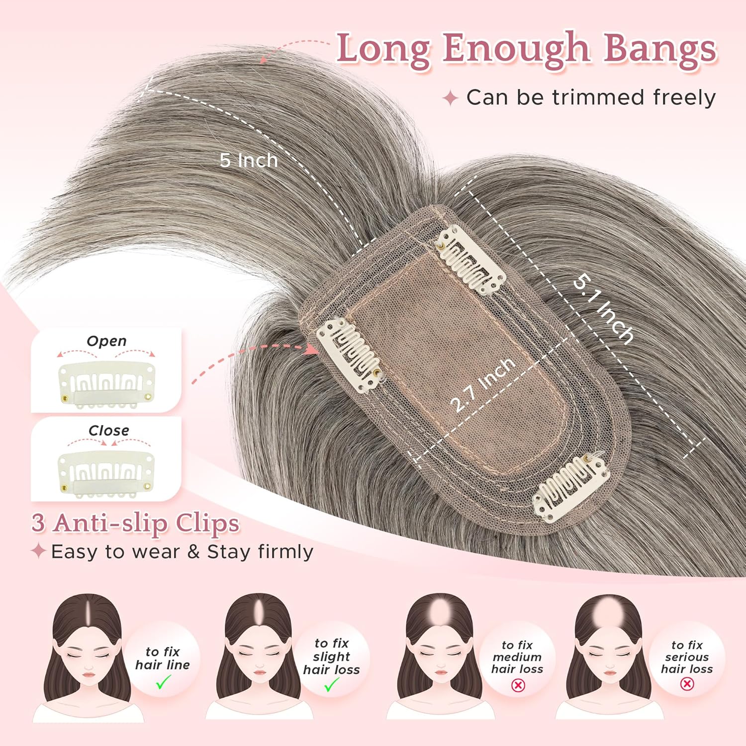SEGO Grey Hair Toppers for Women Real Human Hair With Bangs, Salt and Pepper Hair Topper, 7 * 13 CM Silk Base Clip In Top Pieces -6 Inch #G2 Dark Grey Mix