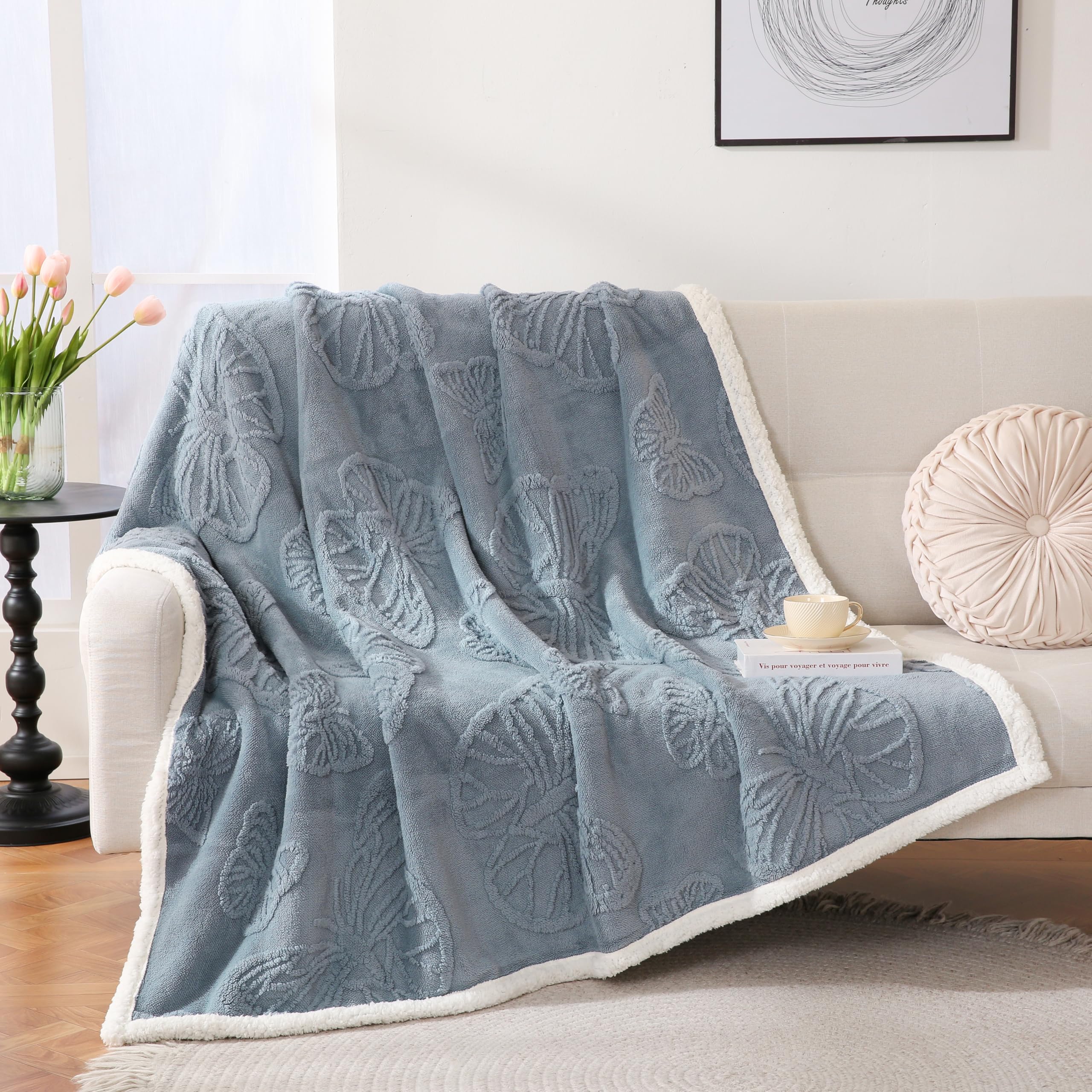 Gracelife Blanket for Women, Sherpa Throw Blanket for Couch, Flannel Butterfly Cozy Soft Blanket for Bed - Fleece, Dirty Blue, 200 * 230cm — image 1