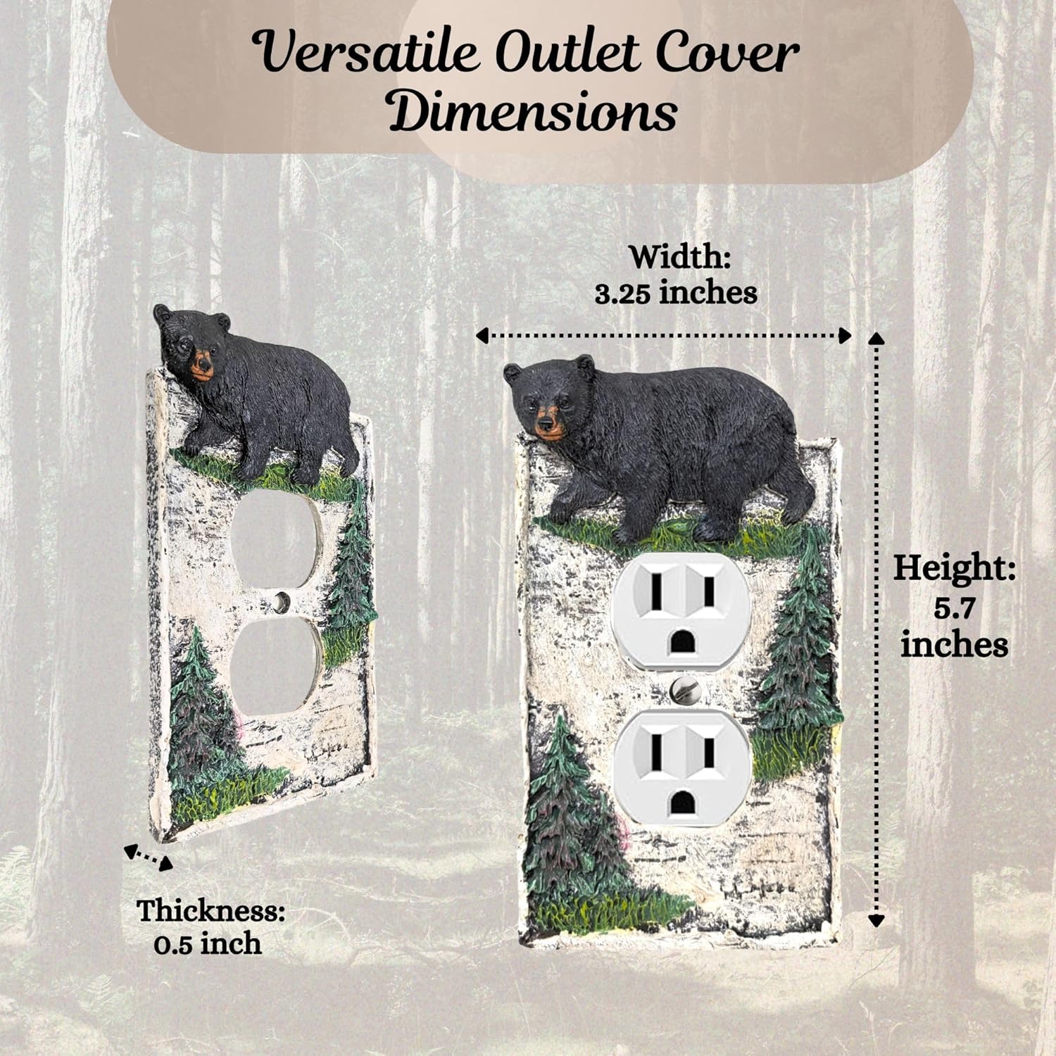 BestGiftEver Black Bear Duplex Outlet Cover with Pine Trees: Rustic Birch Tree Decorative Wall Plate - Woodland Nature-Inspired Home Decor - Rustic Cabin & Lodge Decor