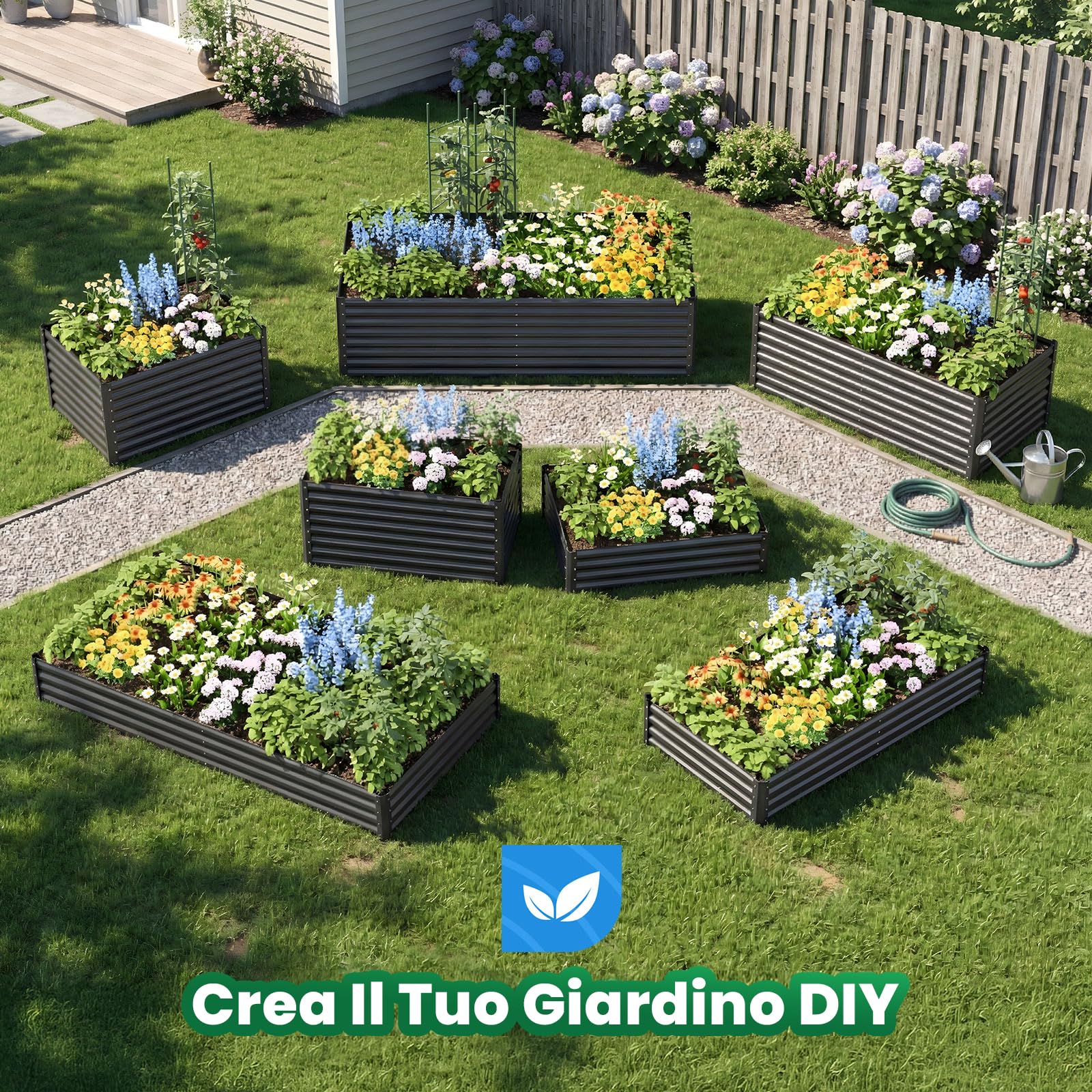 Quictent Orto RiAlzato in Metallo Galvanizzato, Fioriera Senza Fondo per Verdure con Gabbie per Pomodori Incluse, 180x90x30cm