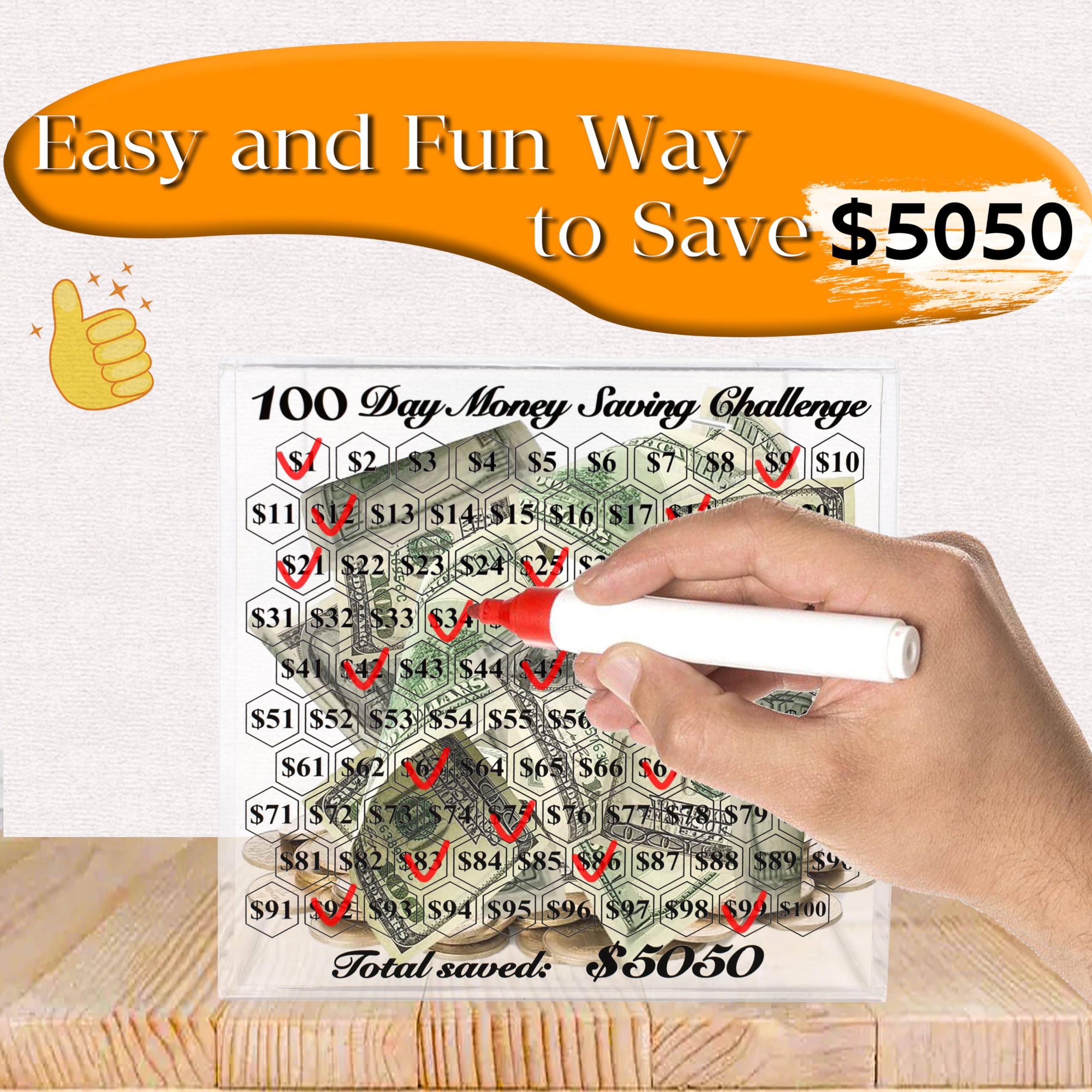 LingLingo Piggy Bank for Adults, Smash Box for Money, Unbreakable Clear Acrylic Piggy Bank,Must Break to Open,100 Day Money Saving Challenge for Cash Coin, Save $5050