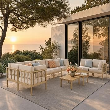 SUNSHINE VALLEY Patio Furniture,Acacia Wood Outdoor Sectional Sofa with 5.5" Ultra-Thick Cushions, L Shaped Modular Patio Conversation Set,Lawn Garden Backyard Couch Set with Nesting Tables,Beige