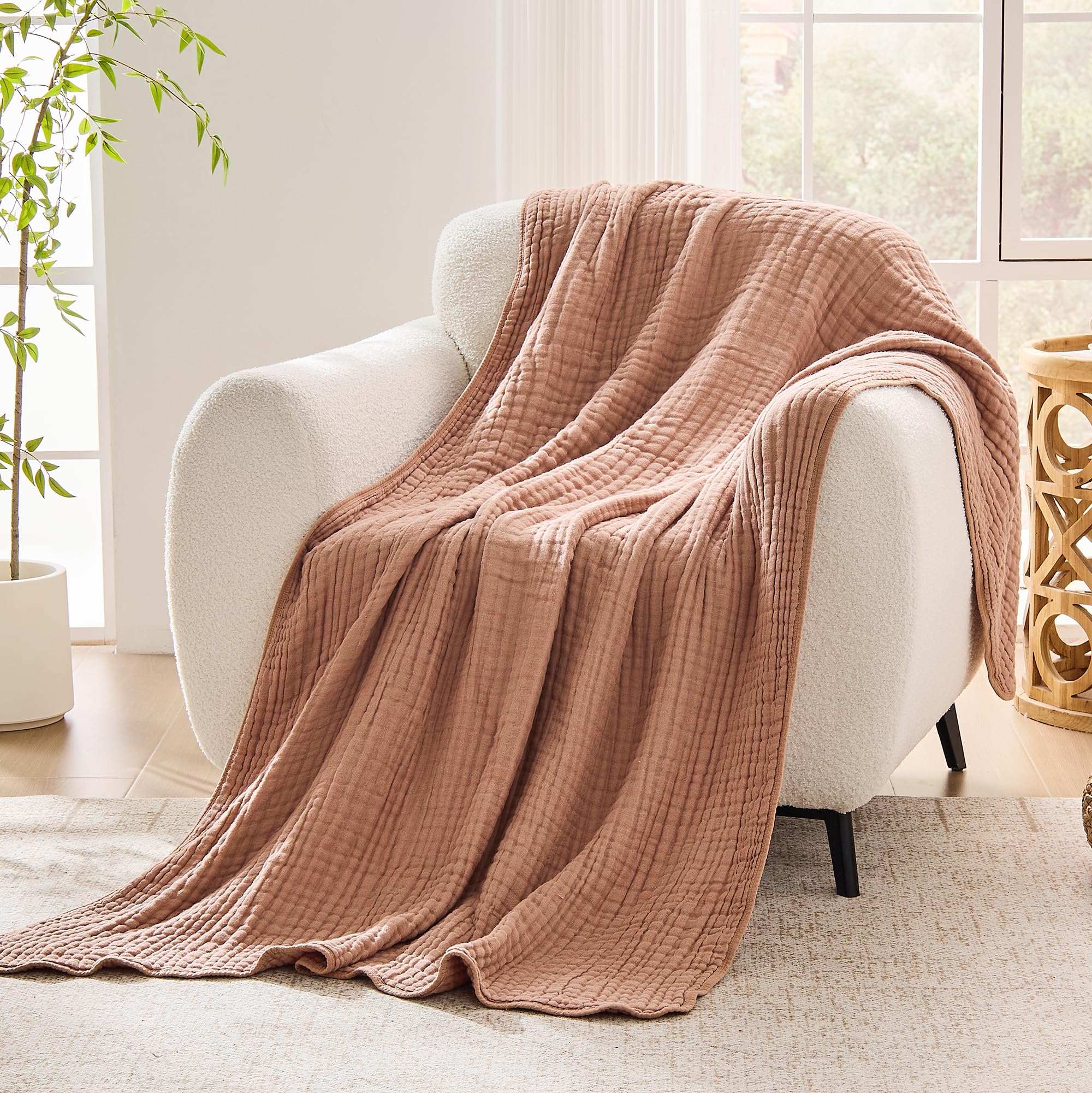 VANJOROY 100% Cotton Bed Throw Blanket, 6-Layer Muslin Organic Soft Cozy Lightweight Large Throw for Bedspread and Sofa - All Season Gauze Blanket,Coffee-150x200cm โ image 1