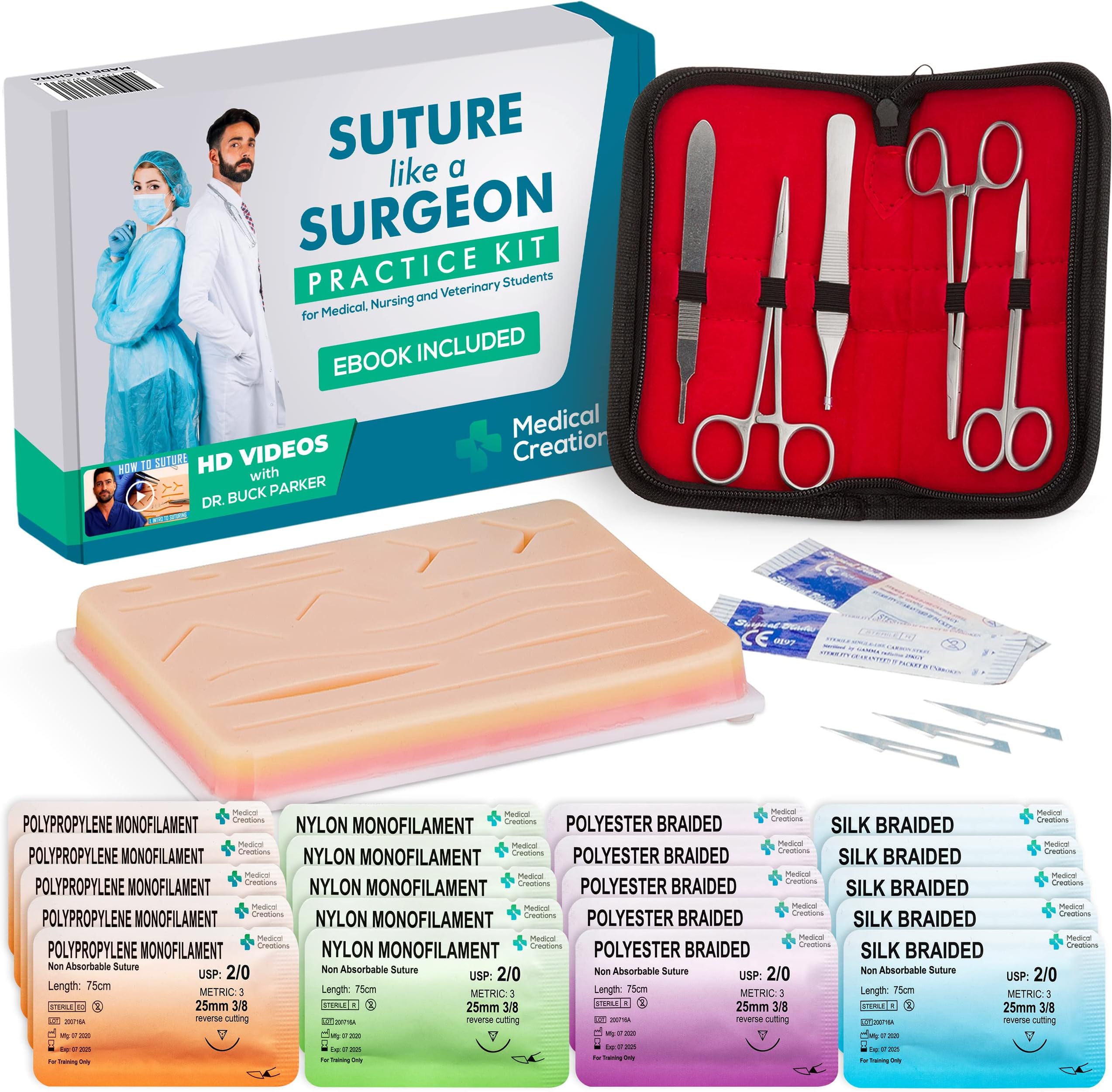 Suture Practice Kit by Medical Creations - with Suturing Video Series by Board-Certified Surgeon and Ebook Training Guide - Silicone Suturing Pad with Tool Kit - for Any Student in The Medical Field