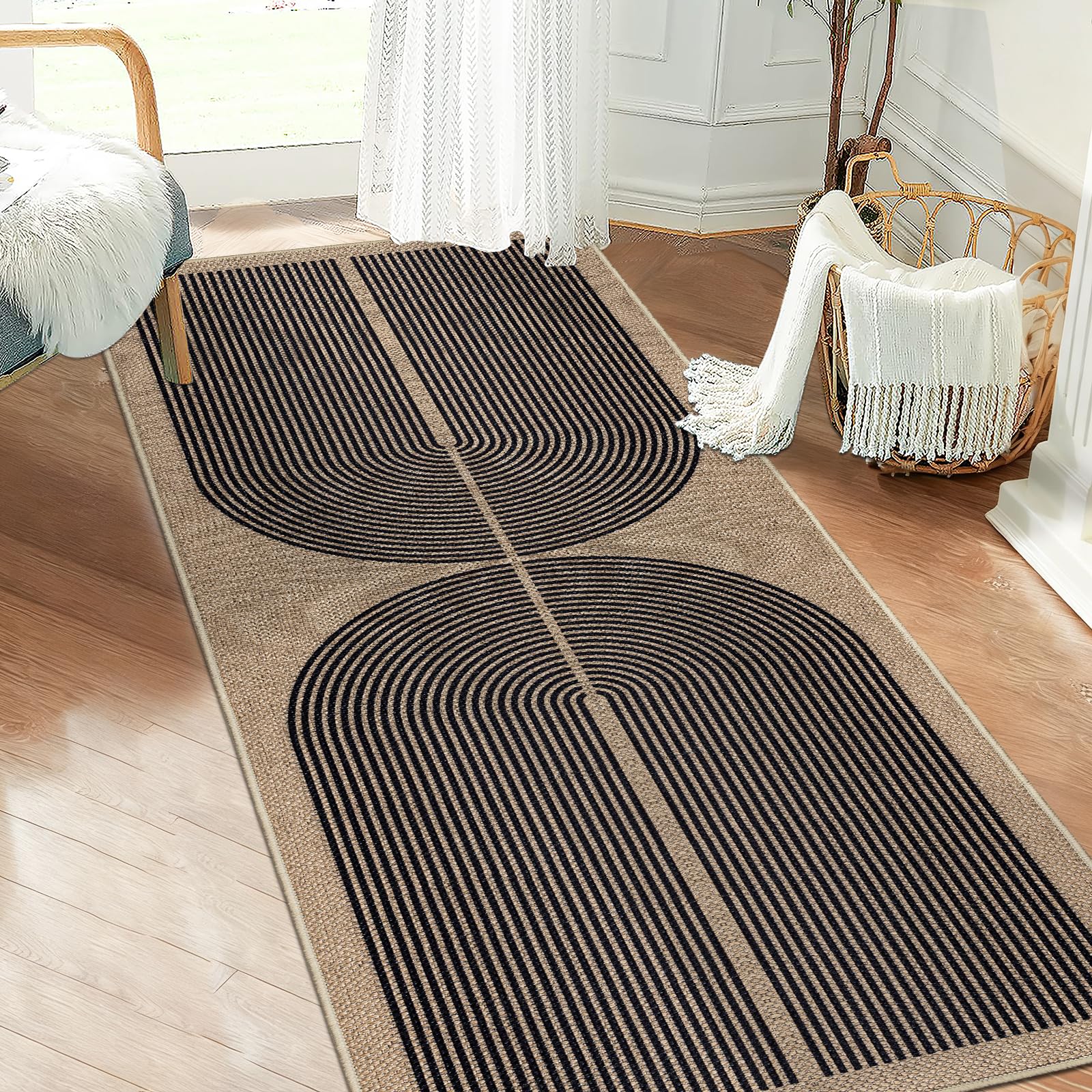 Alfombra de pasillo para entrada lavable que evita resbalones con diseño negro tipo yute