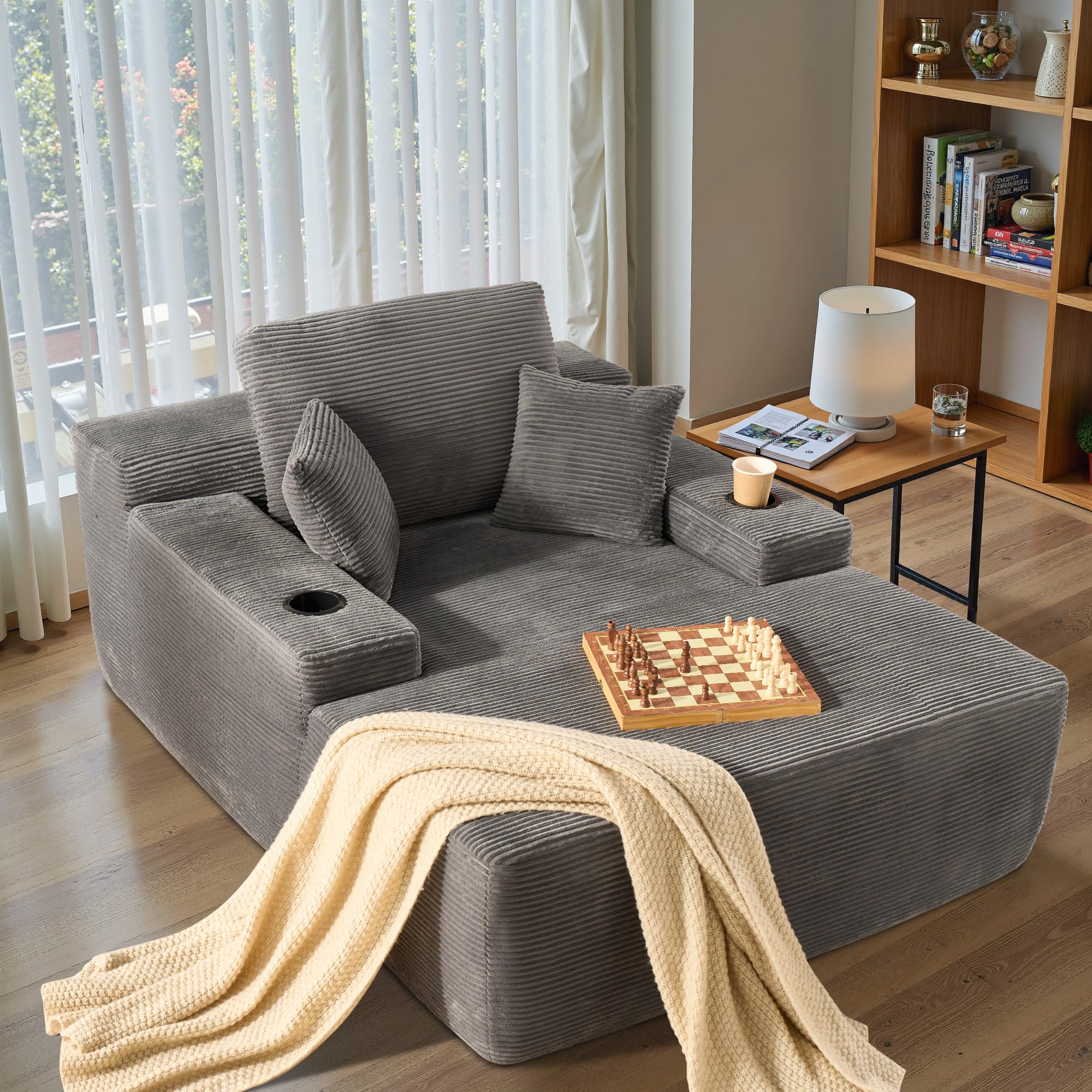 Oversized Chaise Lounge Chair Indoor with Cup Holders, 67" Boneless Cloud Sofa Bed, Plush Corduroy Sleeper Couch with Throw Pillows for Living Room Bedroom No Assembly