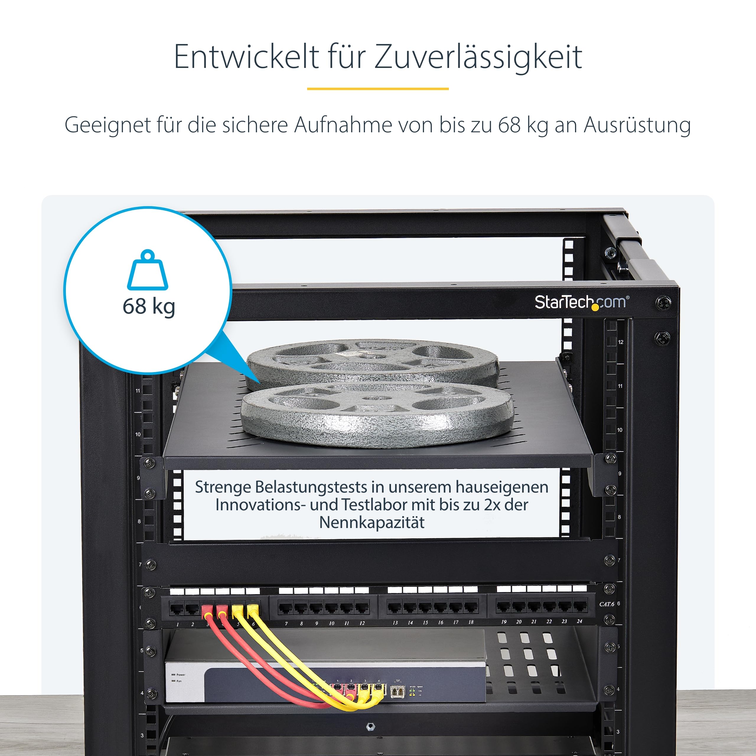 StarTech 1 HE 4-Pfosten Belüftetes Rack Fachboden, 68kg (ADJSHELFV-Rack) | Einbautiefe 71, 1-87, 3cm, EIA-310, Serverrack, Perforiert, M5 Käfigmuttern, 19 Zoll