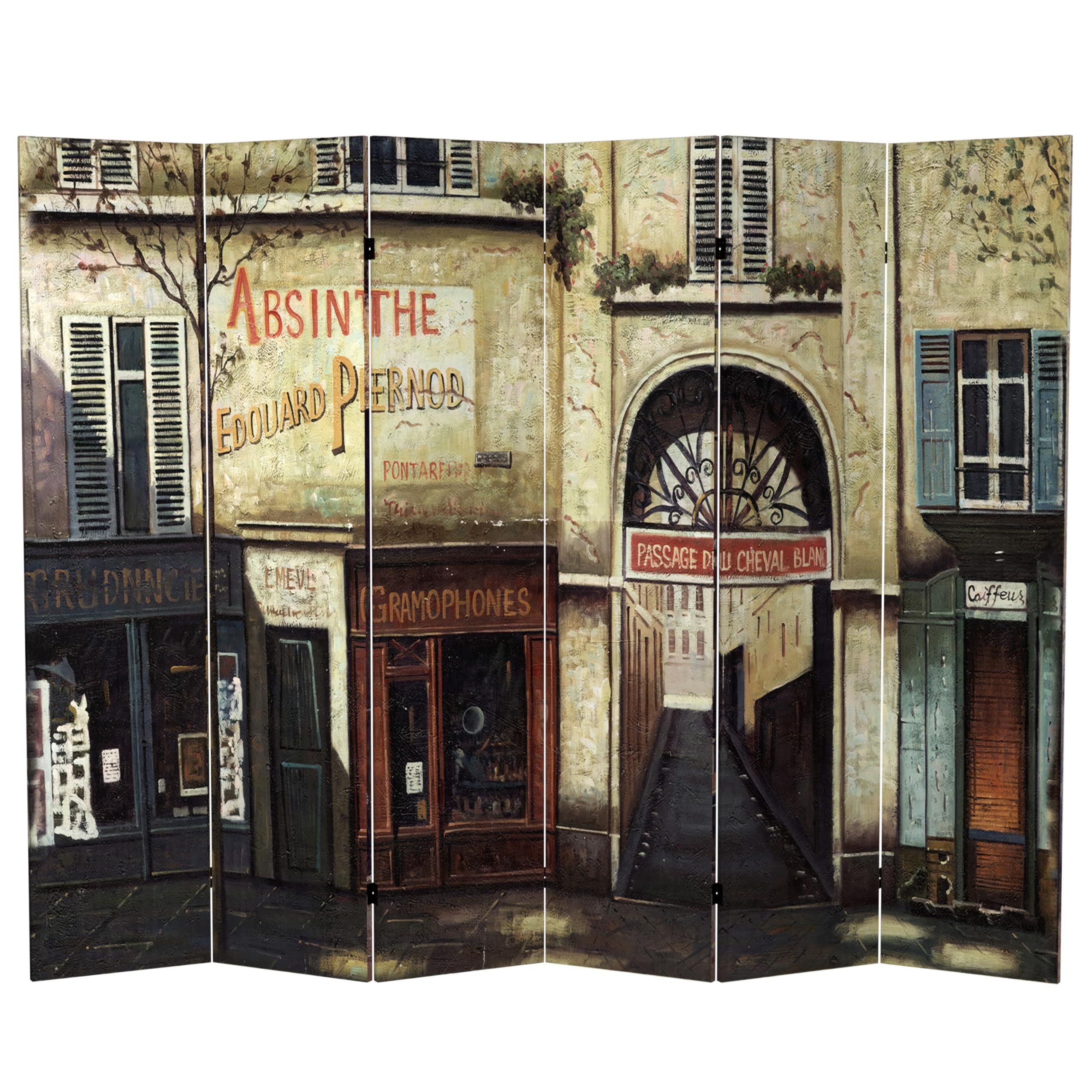 Red Lantern 6 ft. Tall Double Sided French Cafe Canvas Room Divider 6 Panel Freestanding Folding Privacy Screen, Partition, and Separator for Modern