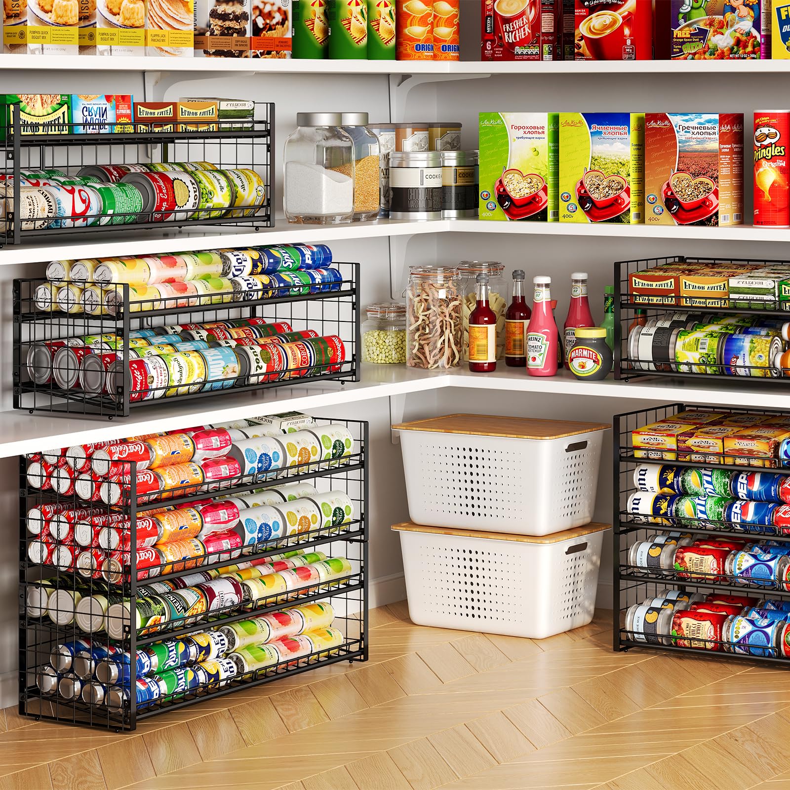Stapelbarer Dosenhalter für Speisekammerregal, verstellbar, extra lang, Rolldosenregal für Küchenschrank, stabiler stehender Dosenhalter für Konserven, Soda bis zu 128, 2 Etagen, schwarz, 2 Stück