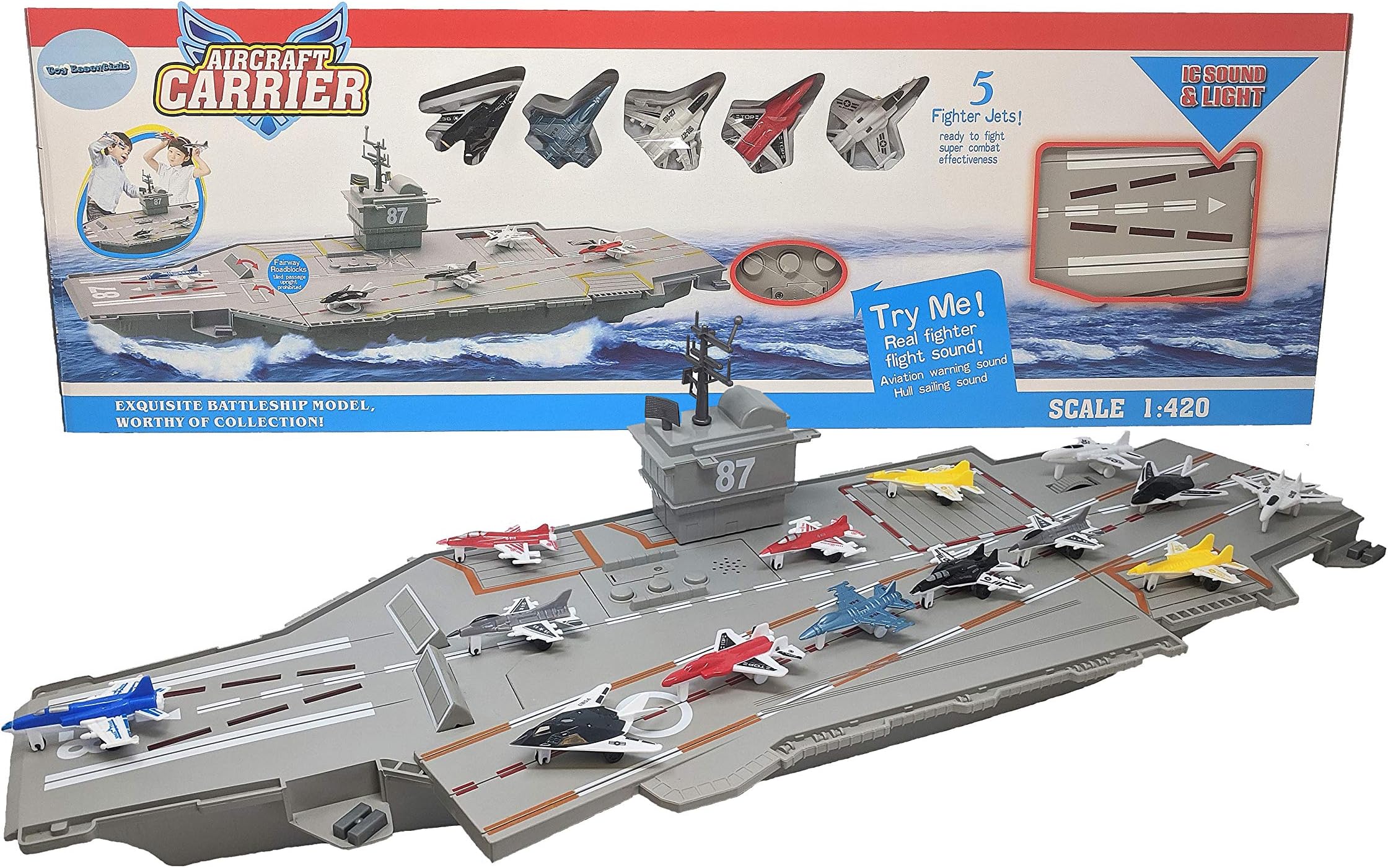 30 Inch Aircraft Carrier with Sound Effects and Light Up Runway (14 Fighter Jets), Multicolor