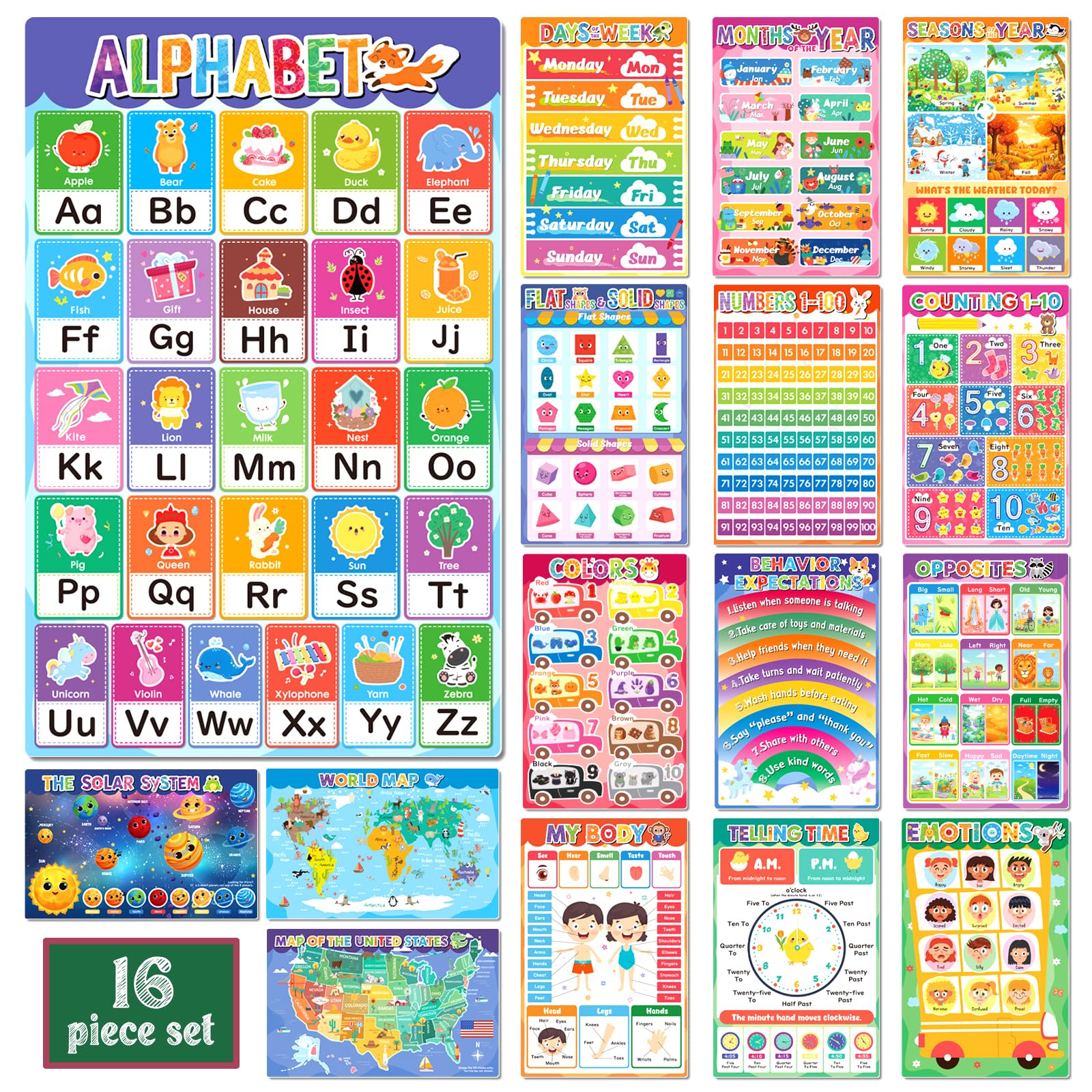slapaflife 16 affiches d'apprentissage pour les tout-petits âgés de 1 à 3 ans, affiches éducatives pour décoration de salle de classe préscolaire, maternelle et école à domicile