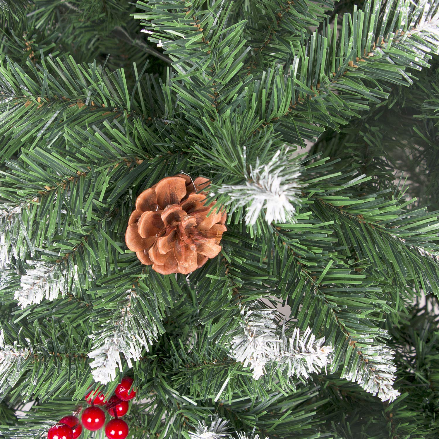 Weihnachtsbaum künstlich, 120/150/180/210 cm mit Tannenzapfen, Tannenbaum mit Schnee-Effekt und rote Beere Deko, beschneiten Spitzen und Kunsttanne mit Metallständer (180cm)