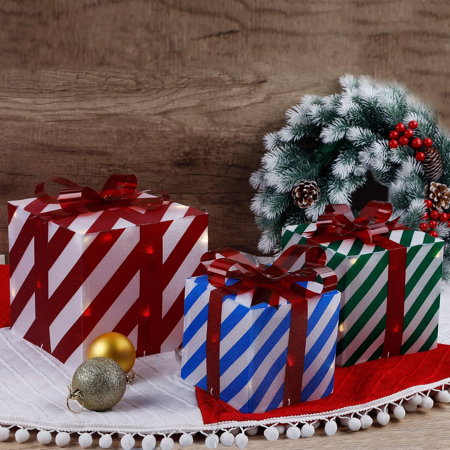 ATDAWN Set of 3 Lighted Gift Boxes Christmas Decorations, Red Green and Blue Stripe Pre-lit Present Boxes, Christmas Home Gift Box Decorations