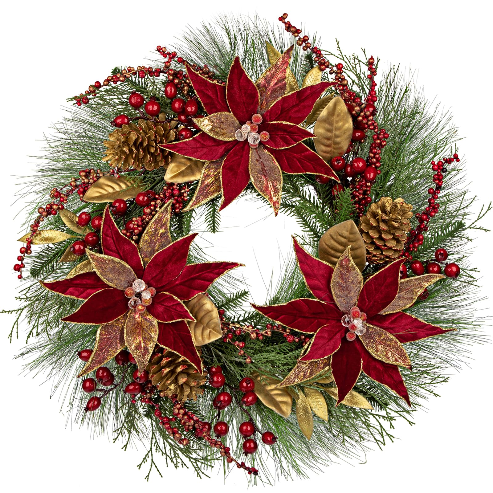 Arbrous - Corona de Navidad para puerta delantera, coronas de Navidad de 24 pulgadas, corona de Navidad con flores rojas de pascua, conos de pino, bayas, hojas de magnolia, coronas de invierno para