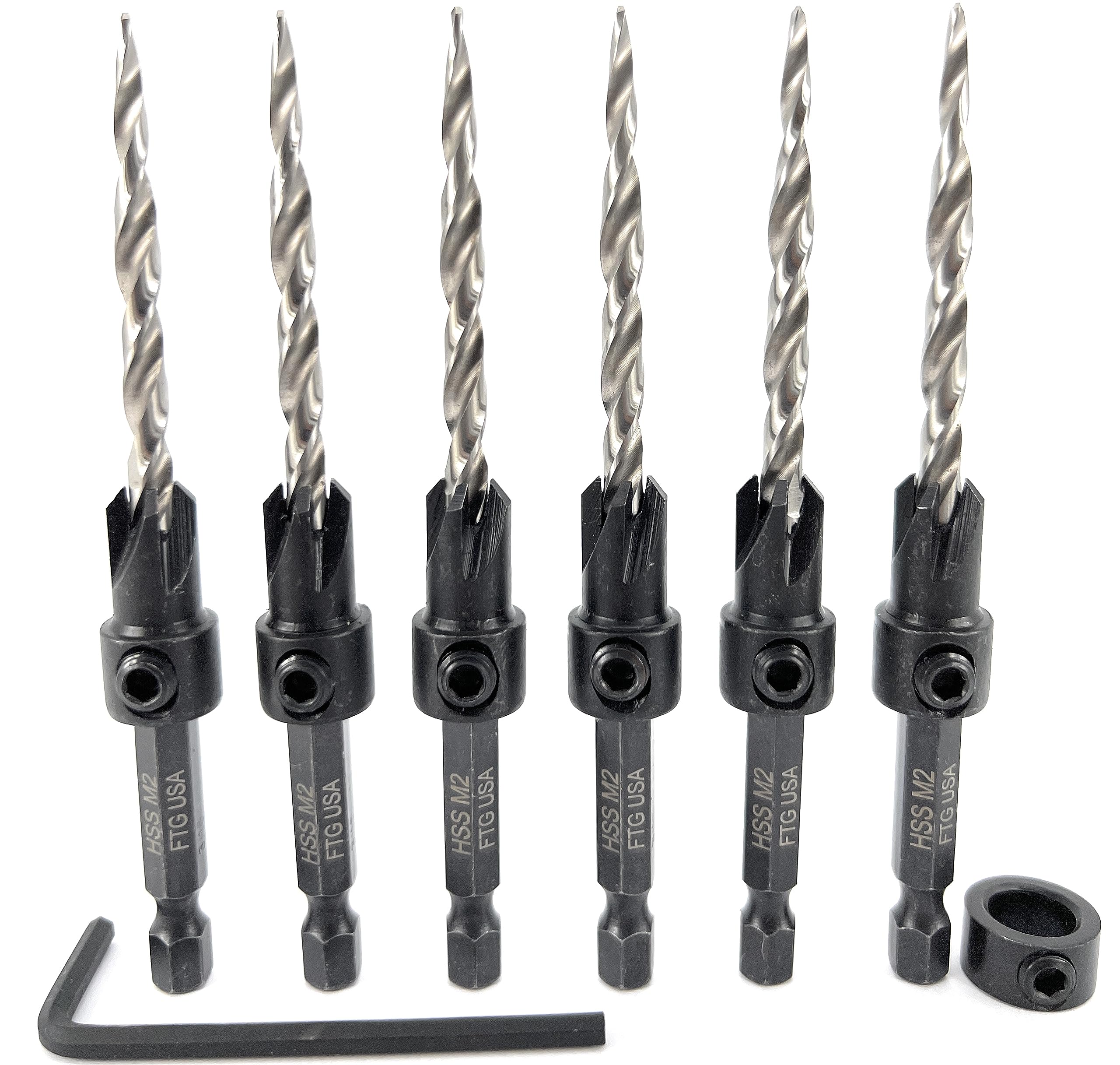 FTG USA Juego de brocas avellanadas para madera con broca cónica, 6 piezas #10 (3/16 pulgadas)