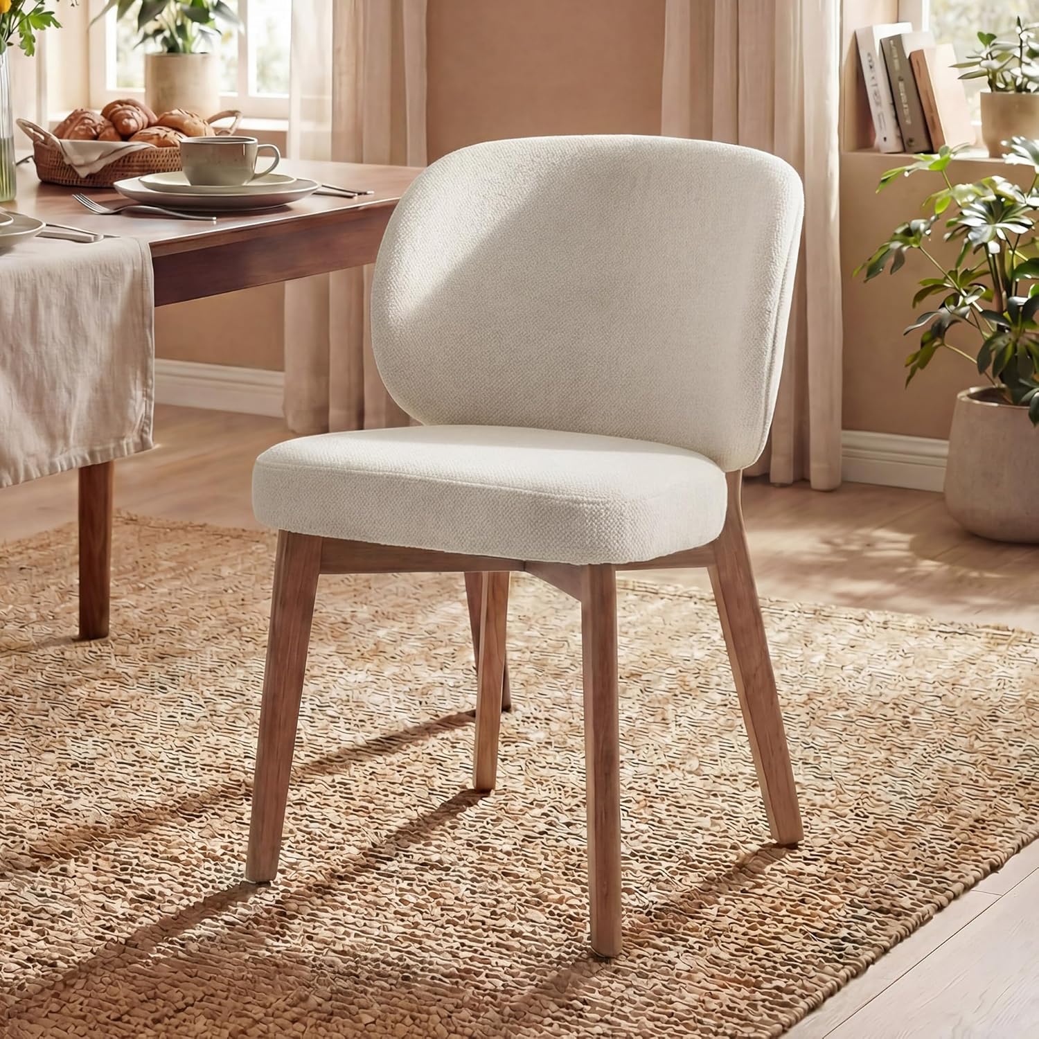 YOUNIKE Dining Chair with High Back Single Mid Century Modern Kitchen Chair Boucle Fabric Upholstered Armless Accent Chair 20" Wide Padded Seat with Wooden Leg for Dining Living Room Bedroom Beige