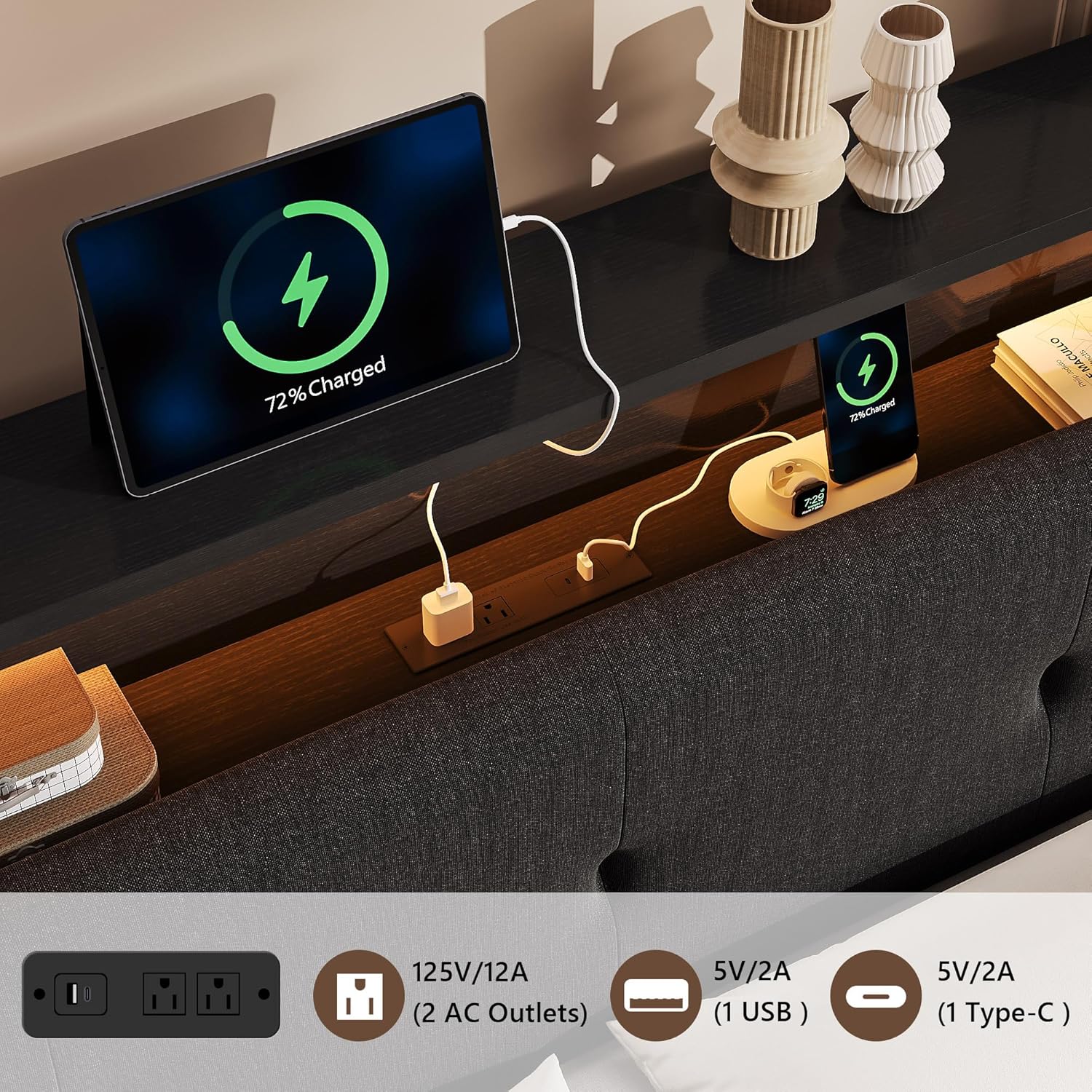 Einhomn Floating Bed Frame Queen Size with 2-Tier Storage Linen Fabric Upholstered Headboard, Wooden Platform Bed w/Charging Station & LED Lights, Metal Slats Support, No Box Spring Needed, Black