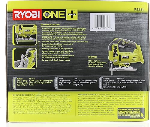 Miniatura 9 de RYOBI One+ P5231 - Rompecabezas orbital inalámbrico de iones de litio de 18 V, 3000 SPM (batería no incluida, herramienta eléctrica y cuchilla de