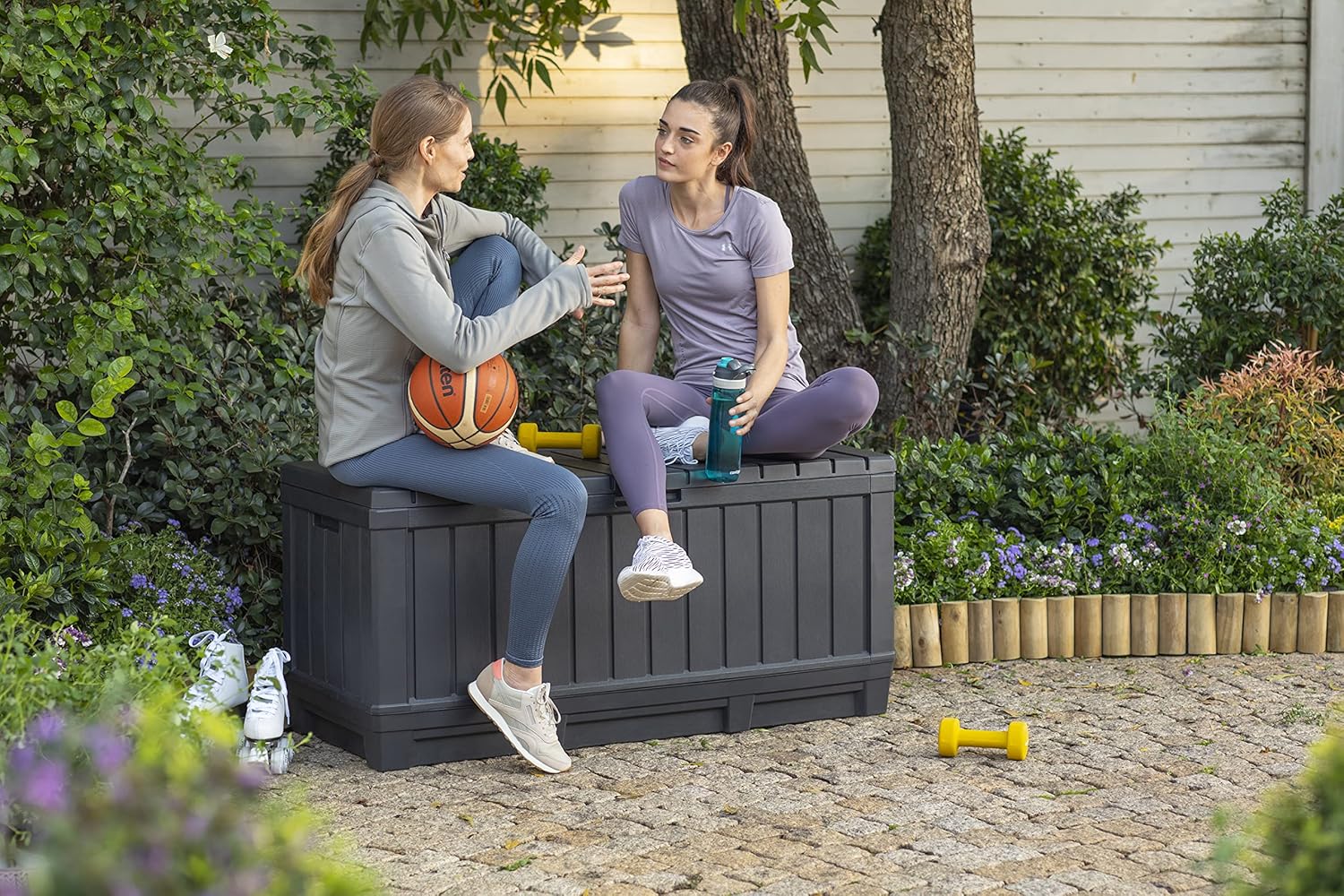 Keter Solana 70 Gallon Storage Bench Deck Box for Patio Furniture, Brown & Kentwood 90 Gallon Resin Deck Box-Organization and Storage, Graphite : Patio, Lawn & Garden