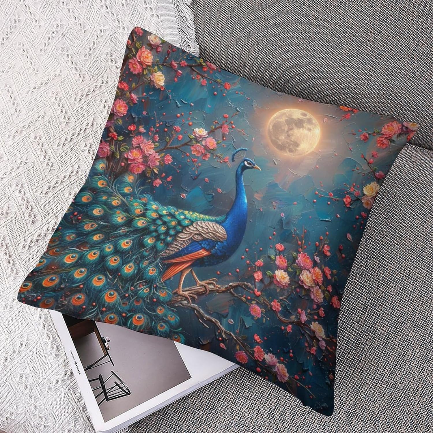 2 Packs Peacock Bird Oil Painting Throw Pillow Covers for Living Room, Abstract Star Moon Floral Tree Pillow Covers Cushion Case for Couch Sofa Bed, 20x20 inch
