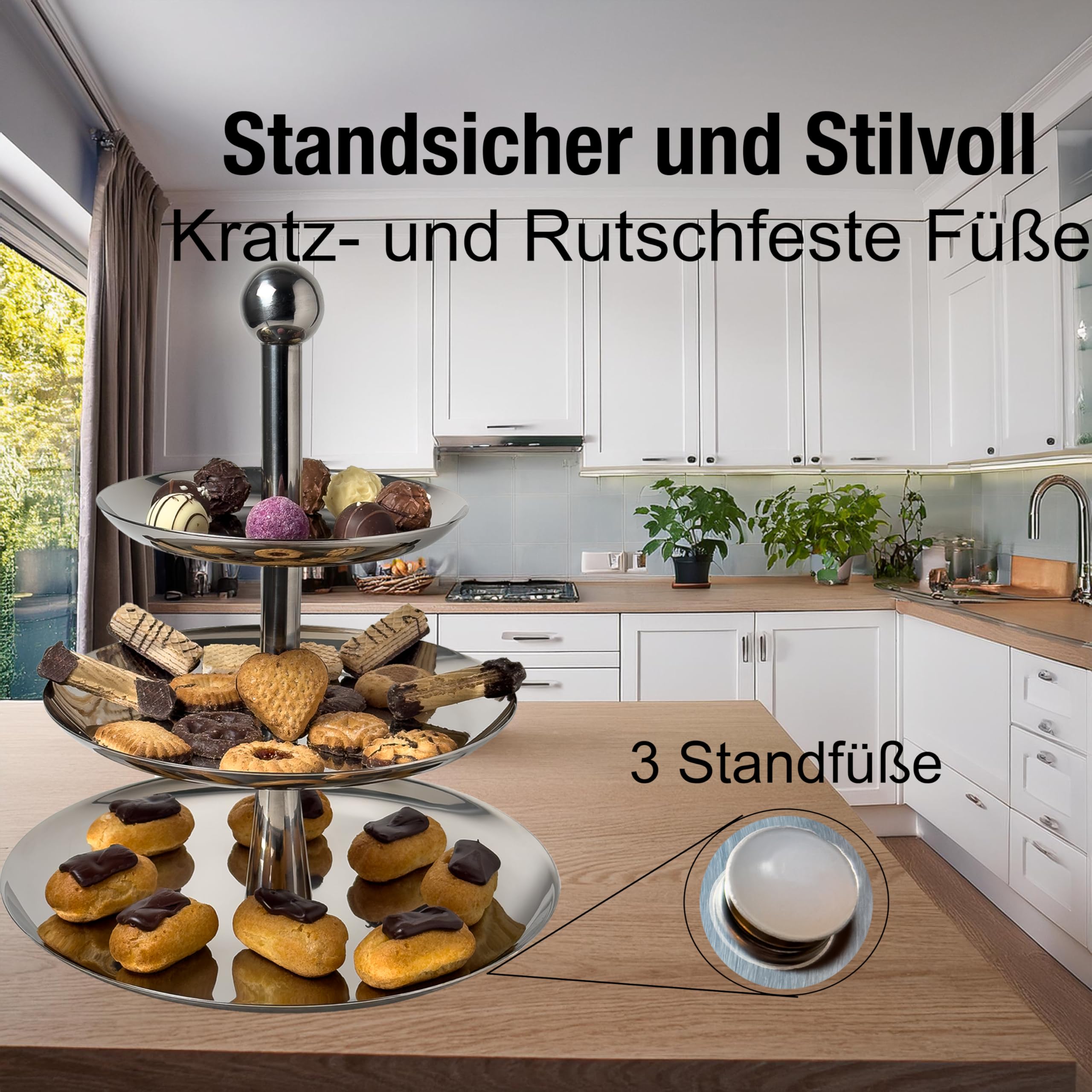 Alzata a 3 ripiani in acciaio inox – Torre di servizio robusta per cucina e buffet – Design elegante per torte, dessert, cioccolatini, sushi, gastronomia, decorazioni e molto altro ancora
