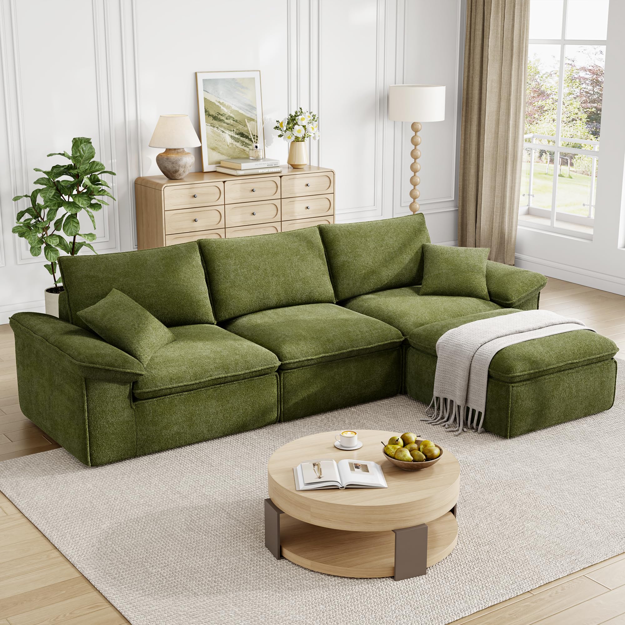 Photo 1 of **The photo and description*** is a referenceLIKIMIO CloudLuxe 120" Modular Sectional Sofa, Deep Seat Cloud Couch with Teddy Upholstery, Oversized 3-Seater with Ottoman, Boneless Couch for Living Room, No Assembly, Green