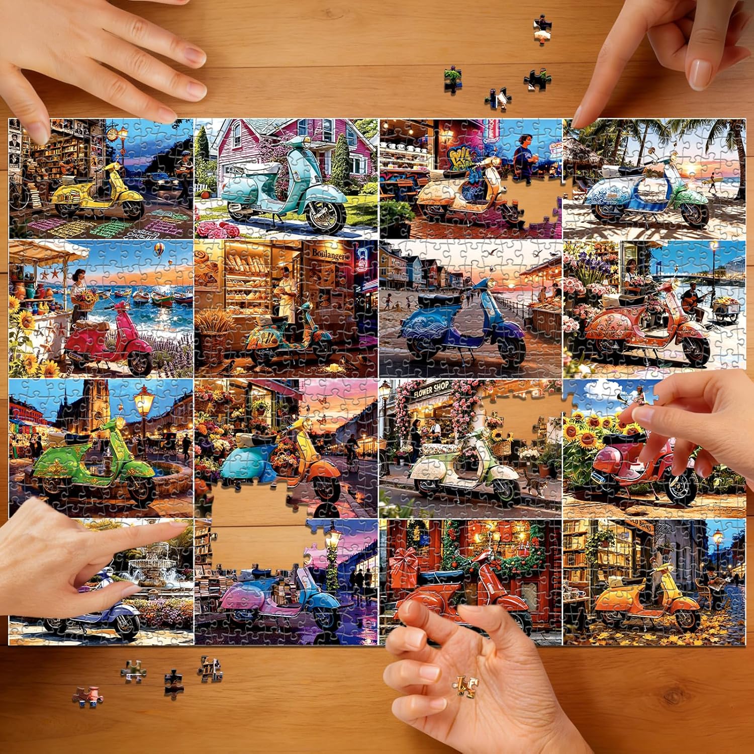 Scooter Journey Puzzles for Adults 1000 Pieces, 16 Electric Vehicle Landscape Puzzles, Impossible Hard Fun Challenging Jigsaw Puzzles for Adults, Art Travel Pretty Sunset Flower Shop Beach Puzzles