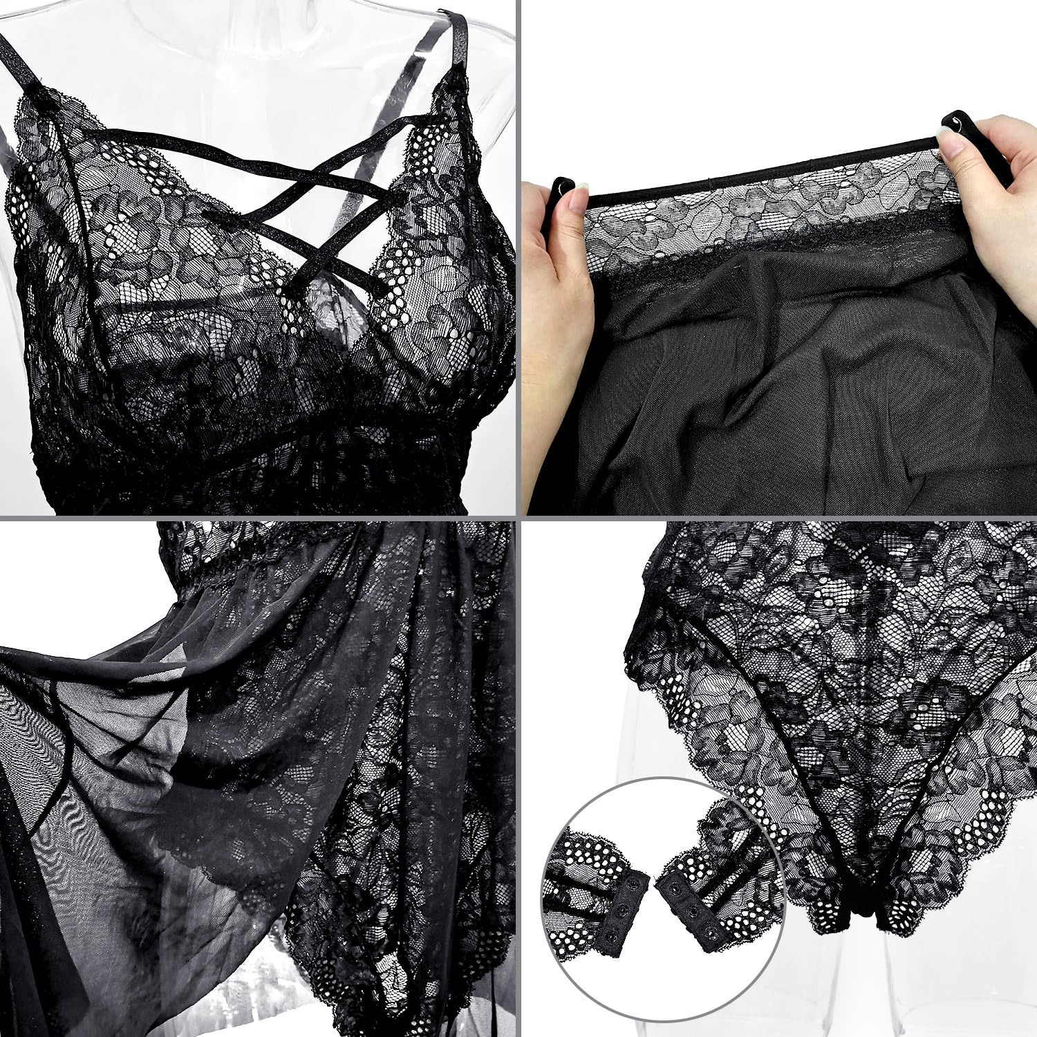 QHQQXN Plus Size Spitzen-Mesh-Chemise-Nachtwäsche-Dessous-Set, Spitzenbesatz, Negligee, L-5XL
